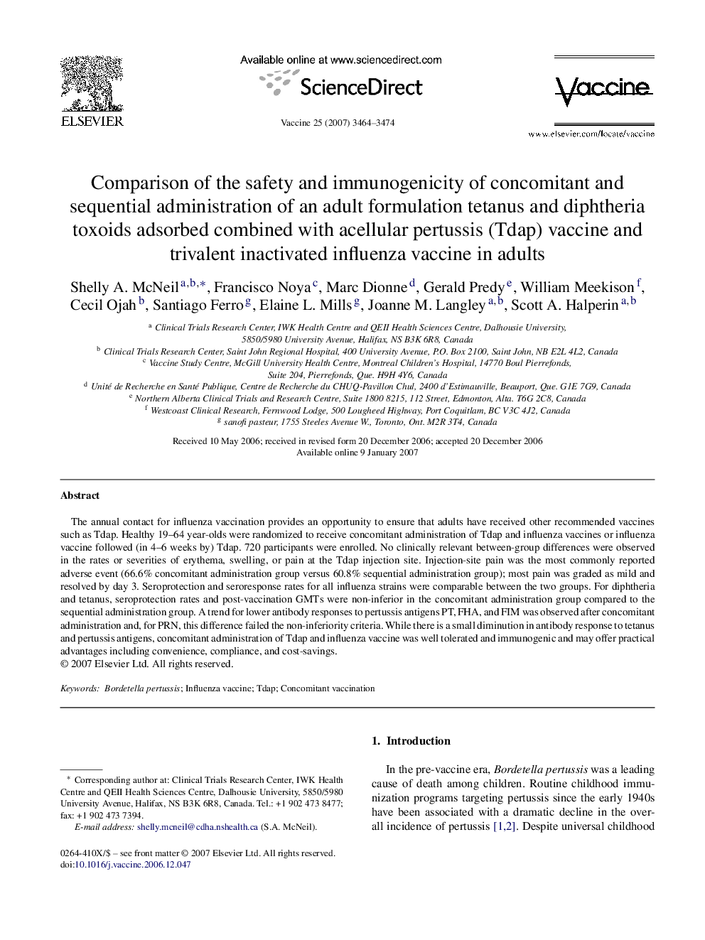 Comparison of the safety and immunogenicity of concomitant and sequential administration of an adult formulation tetanus and diphtheria toxoids adsorbed combined with acellular pertussis (Tdap) vaccine and trivalent inactivated influenza vaccine in adults