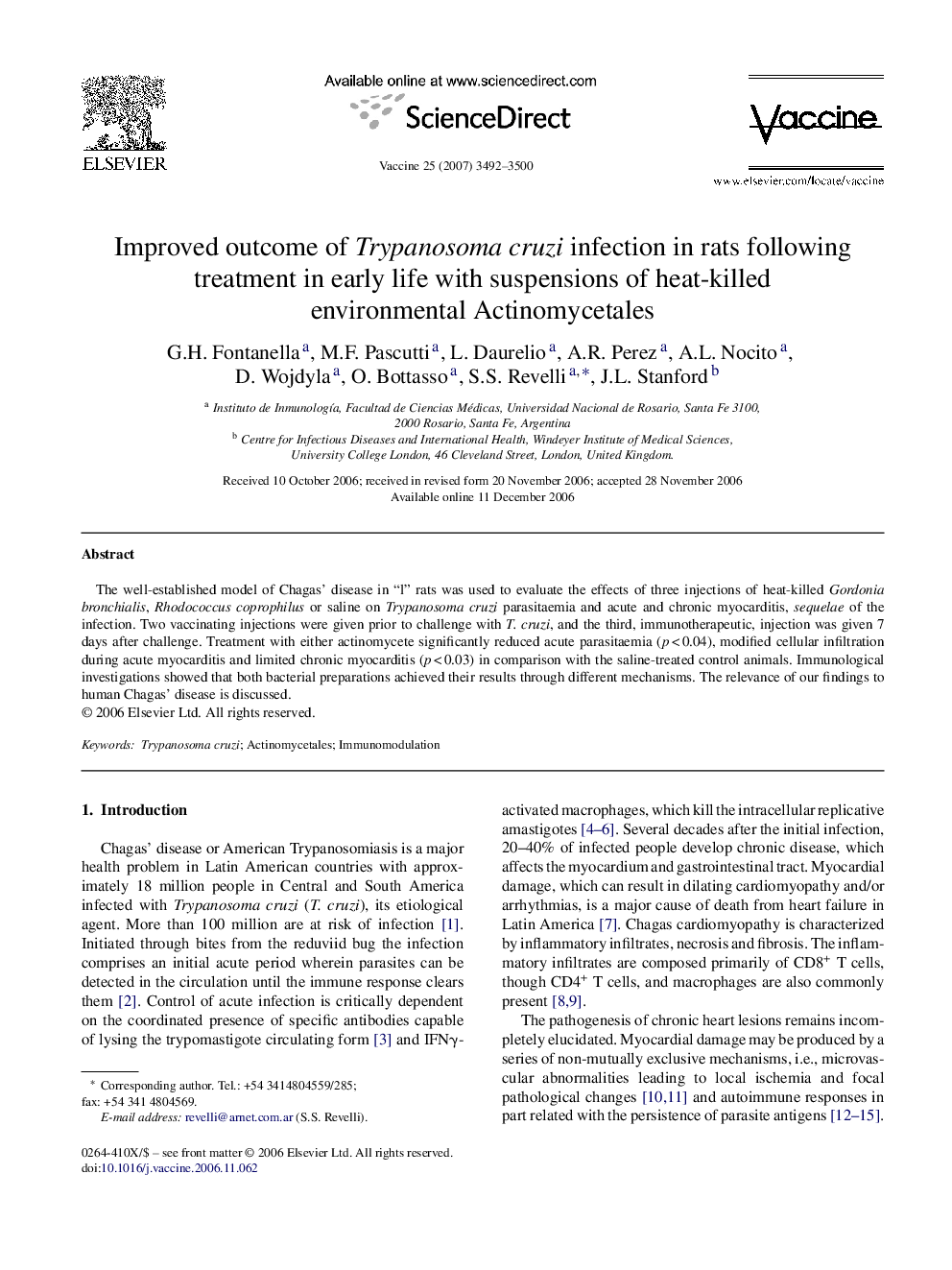 Improved outcome of Trypanosoma cruzi infection in rats following treatment in early life with suspensions of heat-killed environmental Actinomycetales