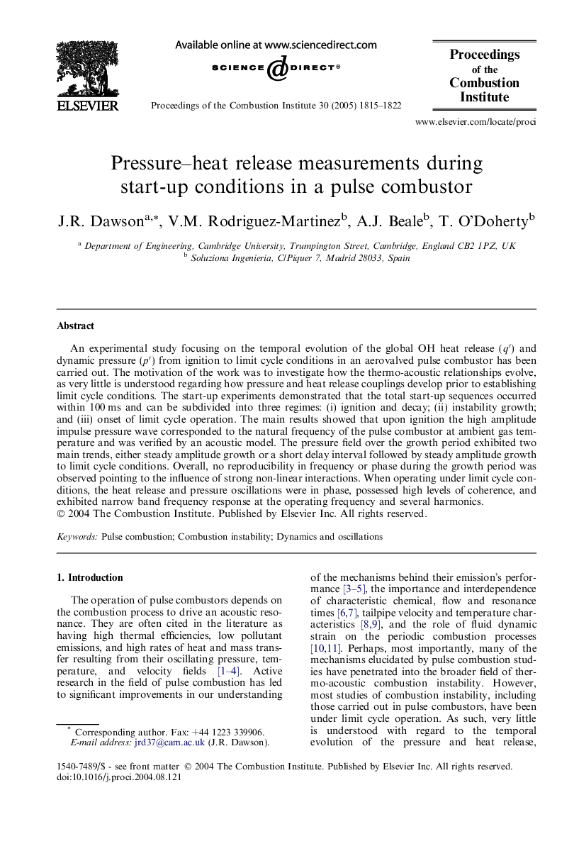 Pressure–heat release measurements during start-up conditions in a pulse combustor