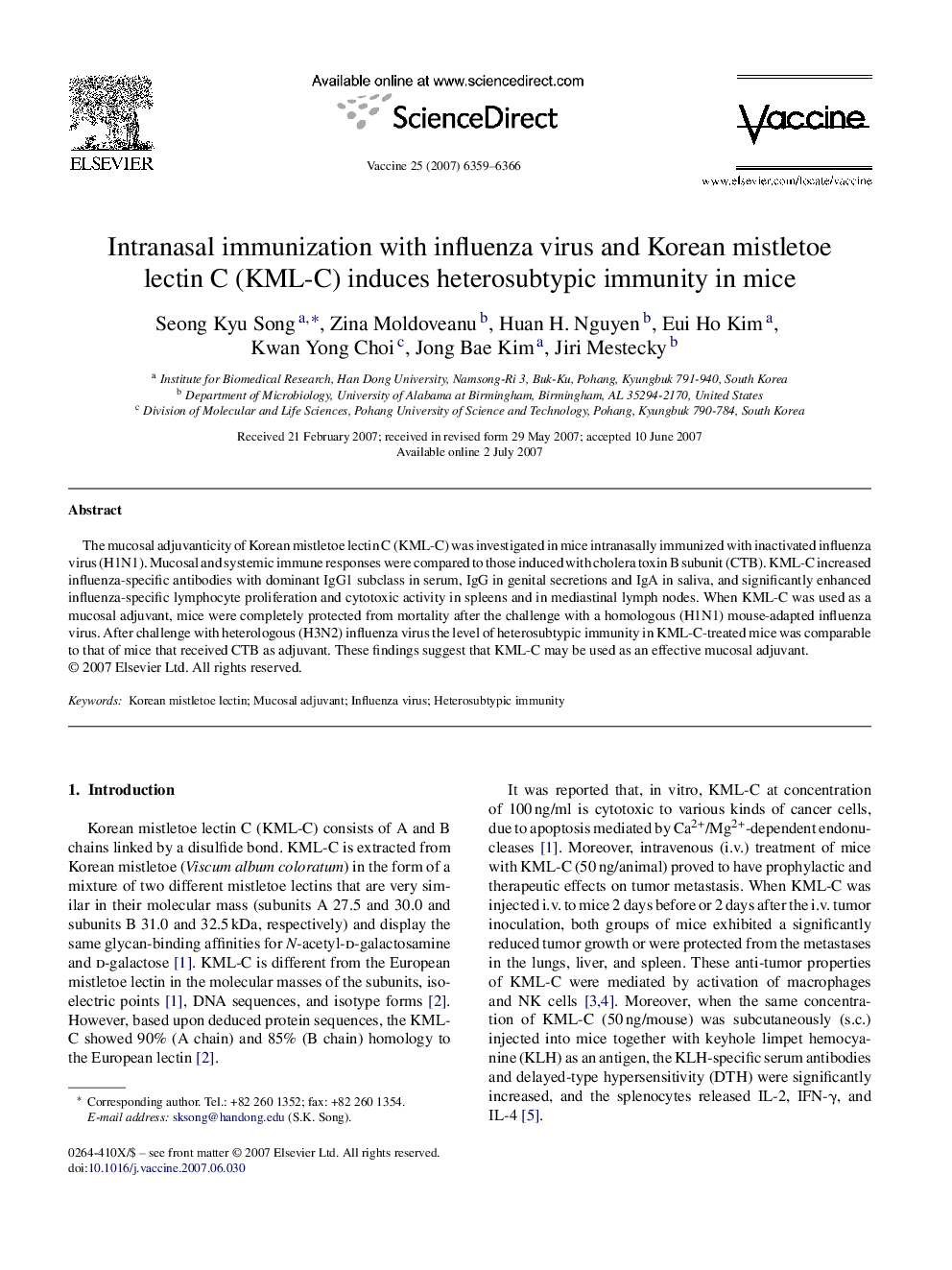 Intranasal immunization with influenza virus and Korean mistletoe lectin C (KML-C) induces heterosubtypic immunity in mice