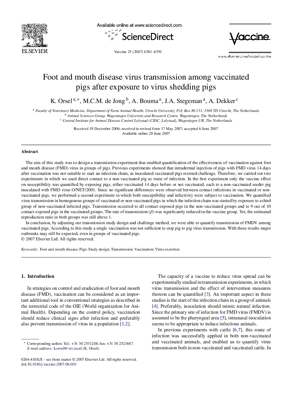 عکس صفحه اول مقاله: Foot and mouth disease virus transmission among vaccinated pigs after exposure to virus shedding pigs Foot and mouth disease virus transmission among vaccinated pigs after exposure to virus shedding pigs