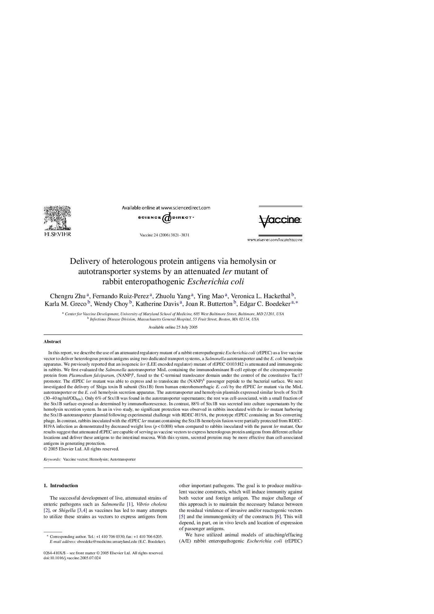 عکس صفحه اول مقاله: Delivery of heterologous protein antigens via hemolysin or autotransporter systems by an attenuated ler mutant of rabbit enteropathogenic Escherichia coli Delivery of heterologous protein antigens via hemolysin or autotransporter systems by an attenuated ler mutant of rabbit enteropathogenic Escherichia coli