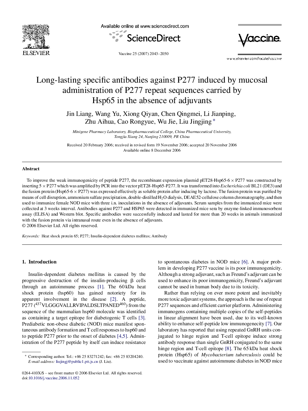 Long-lasting specific antibodies against P277 induced by mucosal administration of P277 repeat sequences carried by Hsp65 in the absence of adjuvants