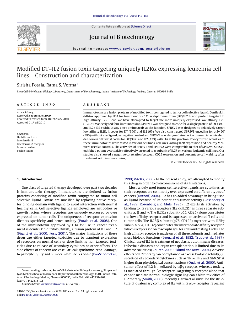 Modified DT–IL2 fusion toxin targeting uniquely IL2Rα expressing leukemia cell lines – Construction and characterization