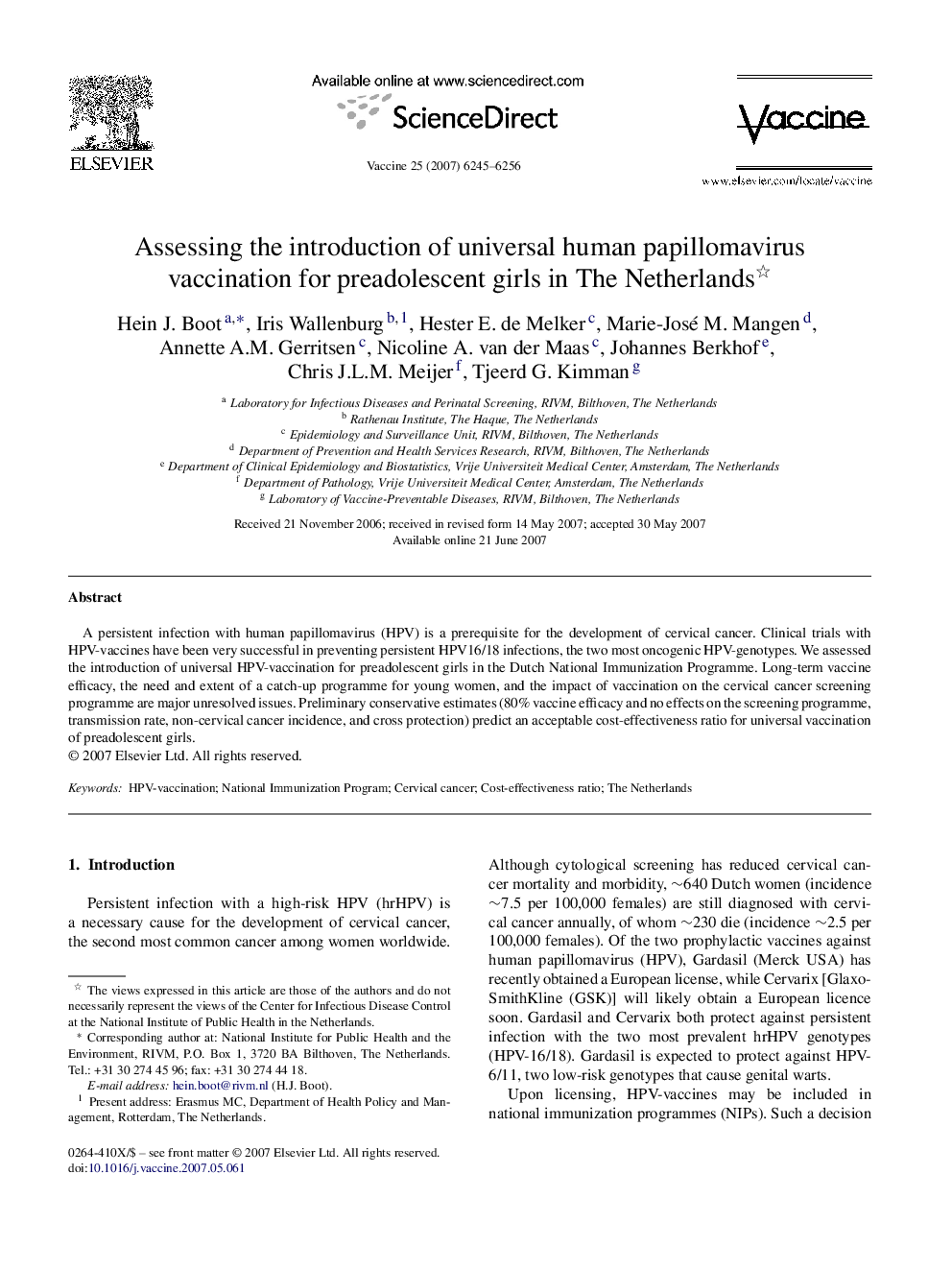 Assessing the introduction of universal human papillomavirus vaccination for preadolescent girls in The Netherlands 