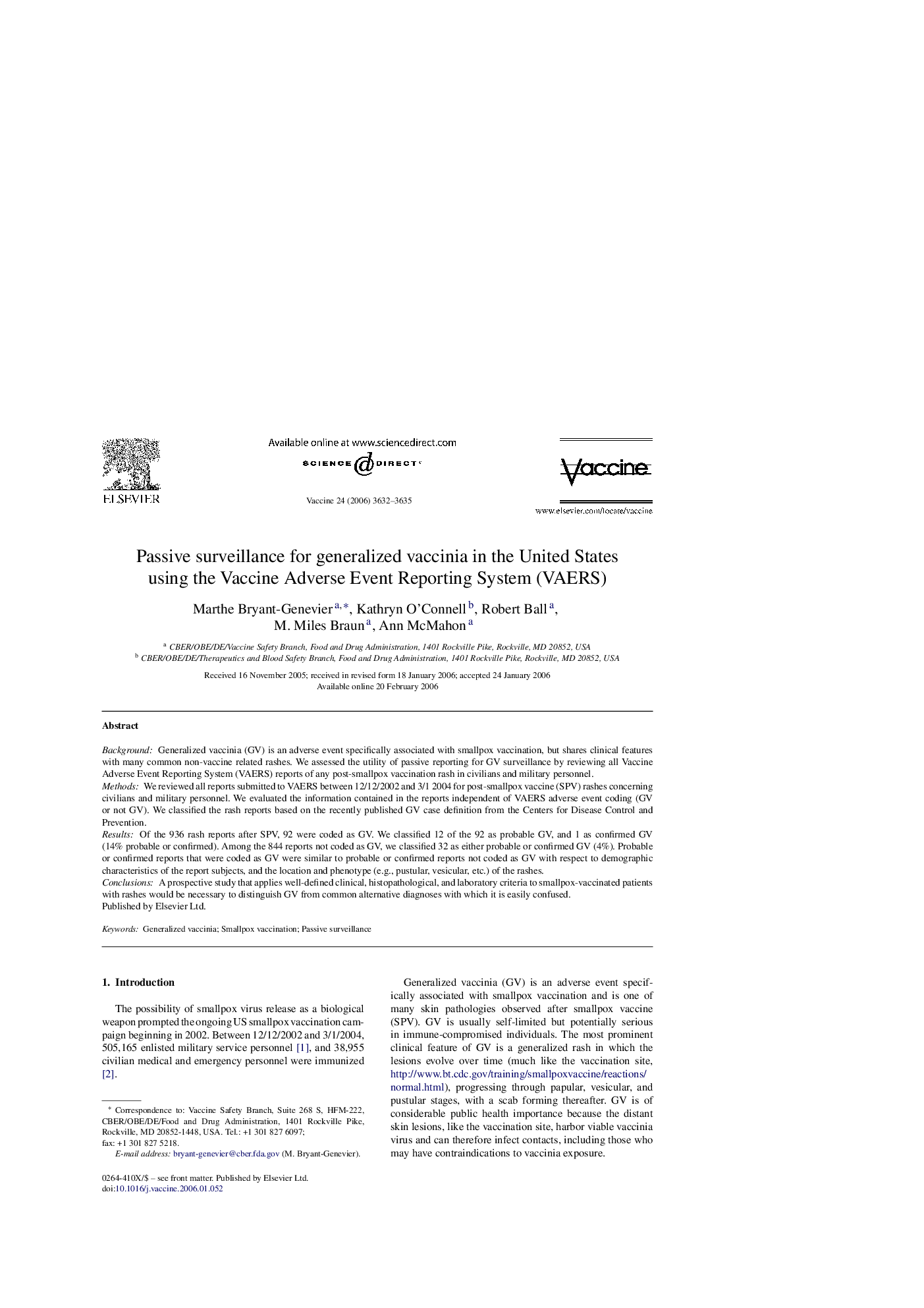 Passive surveillance for generalized vaccinia in the United States using the Vaccine Adverse Event Reporting System (VAERS)