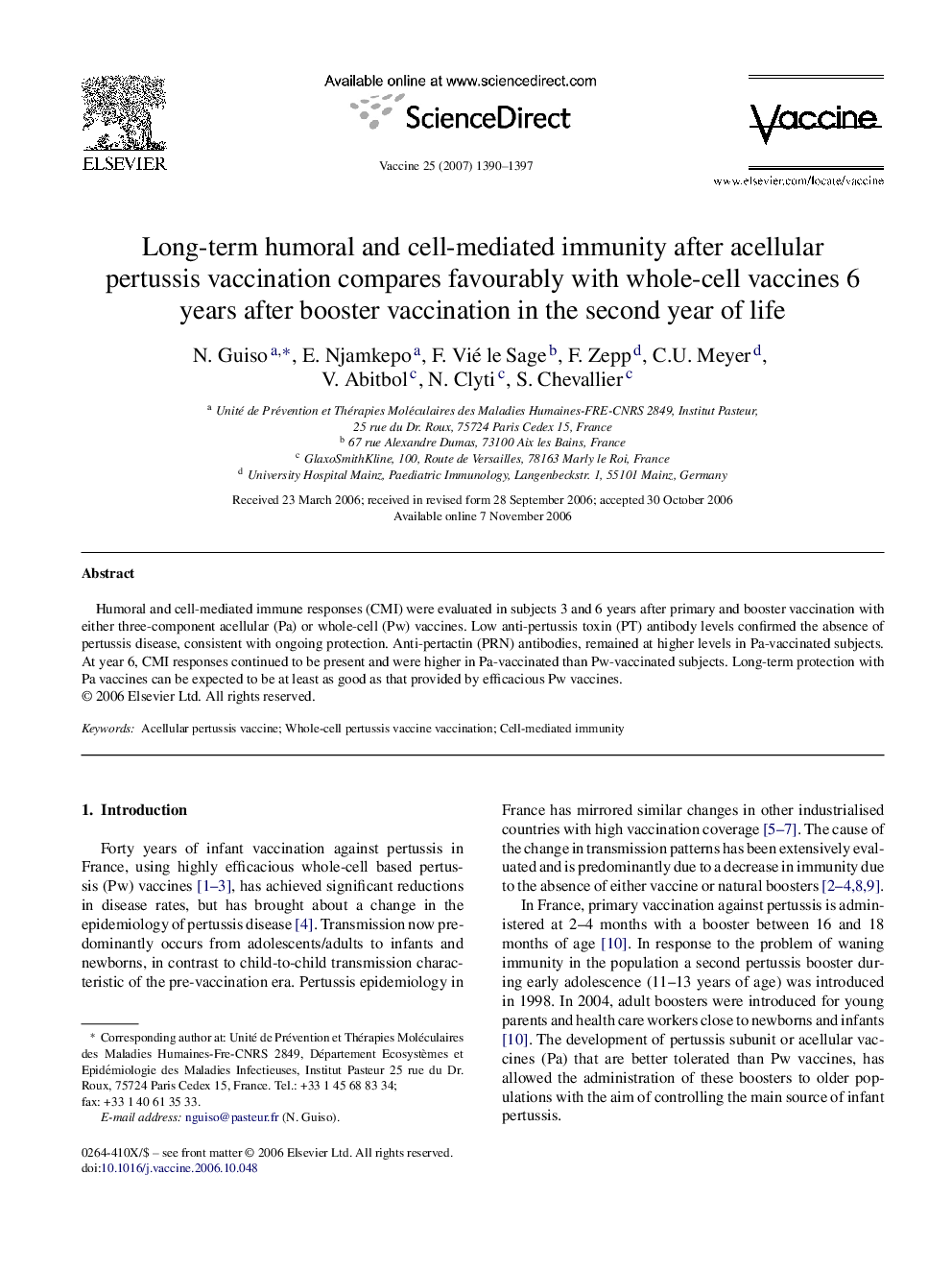 Long-term humoral and cell-mediated immunity after acellular pertussis vaccination compares favourably with whole-cell vaccines 6 years after booster vaccination in the second year of life