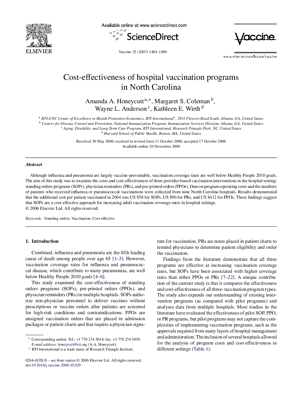 Cost-effectiveness of hospital vaccination programs in North Carolina