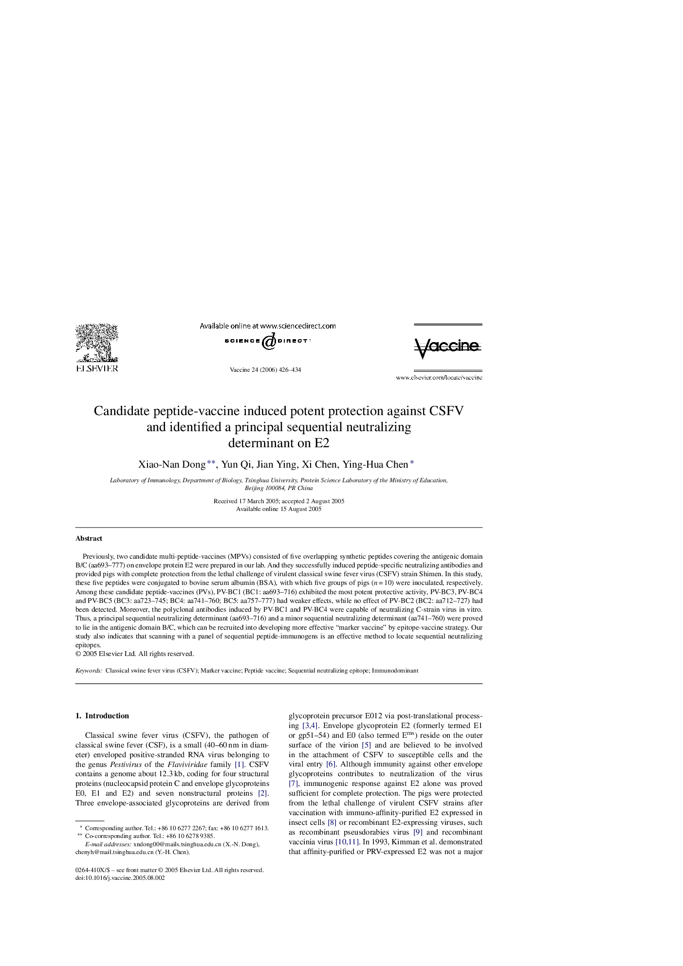 Candidate peptide-vaccine induced potent protection against CSFV and identified a principal sequential neutralizing determinant on E2