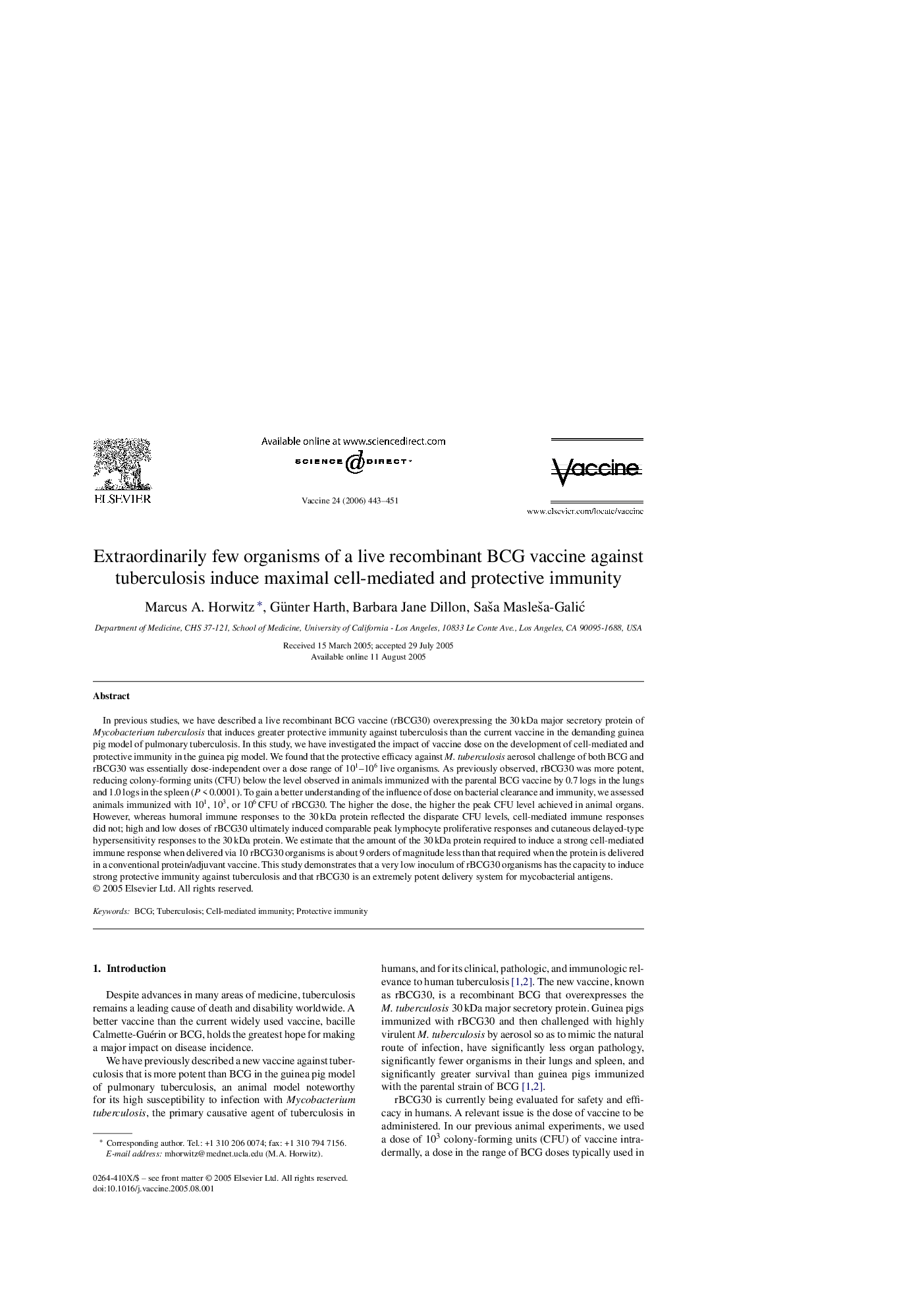 Extraordinarily few organisms of a live recombinant BCG vaccine against tuberculosis induce maximal cell-mediated and protective immunity