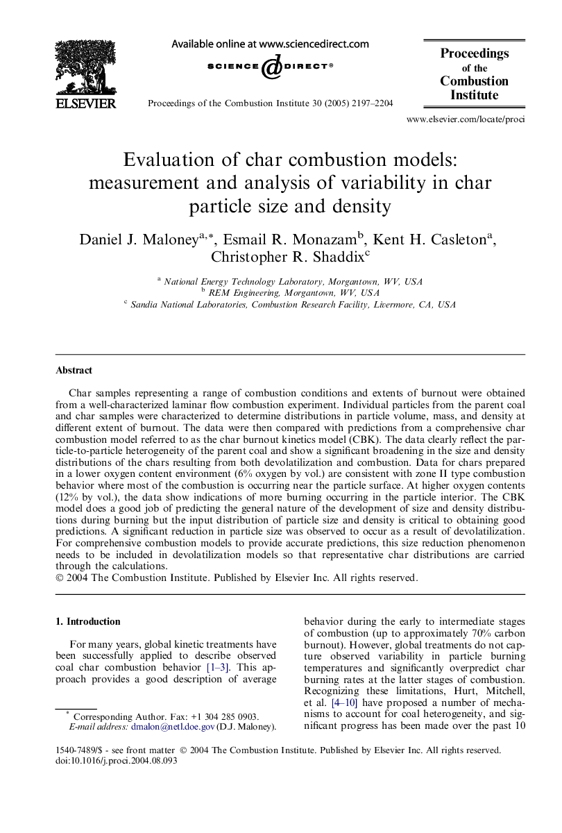 Evaluation of char combustion models: measurement and analysis of variability in char particle size and density