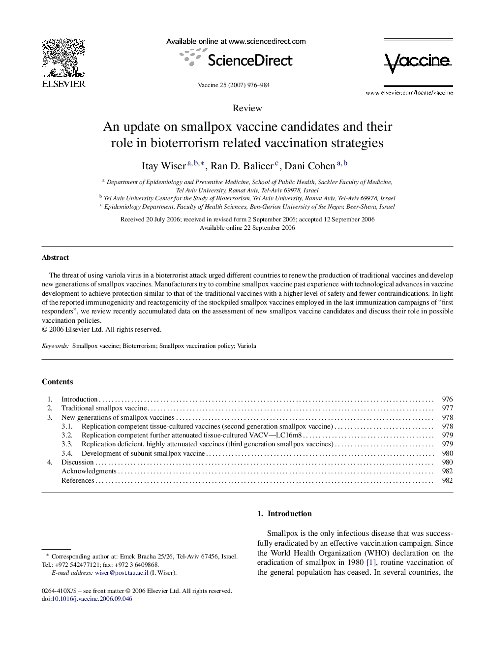 An update on smallpox vaccine candidates and their role in bioterrorism related vaccination strategies