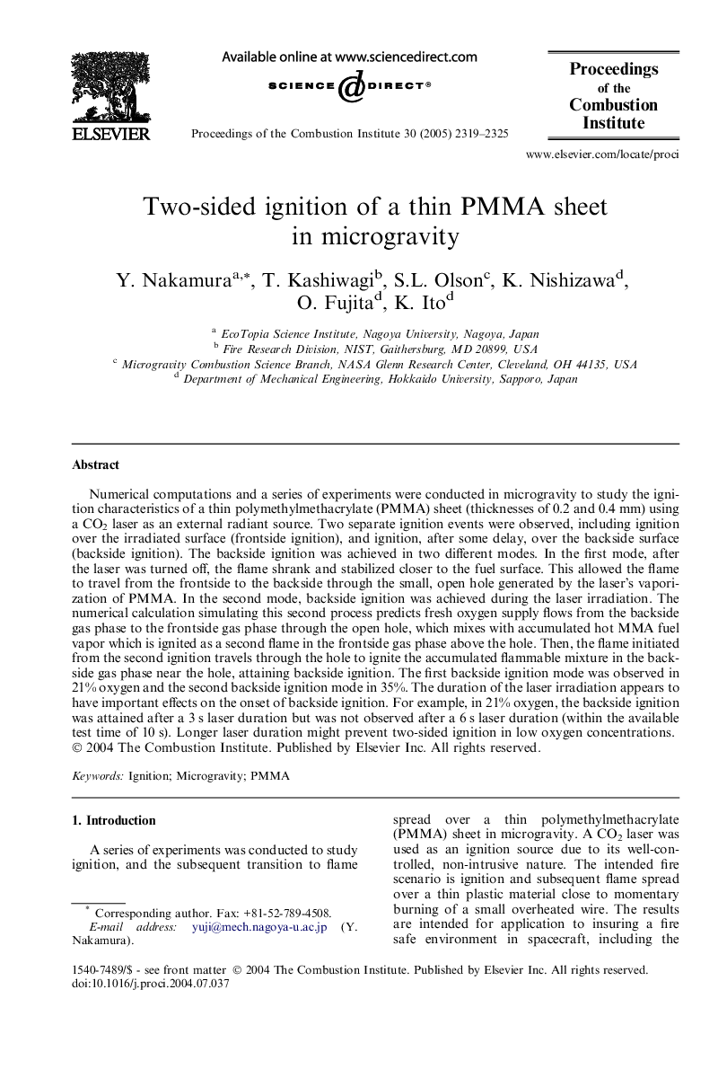 Two-sided ignition of a thin PMMA sheet in microgravity