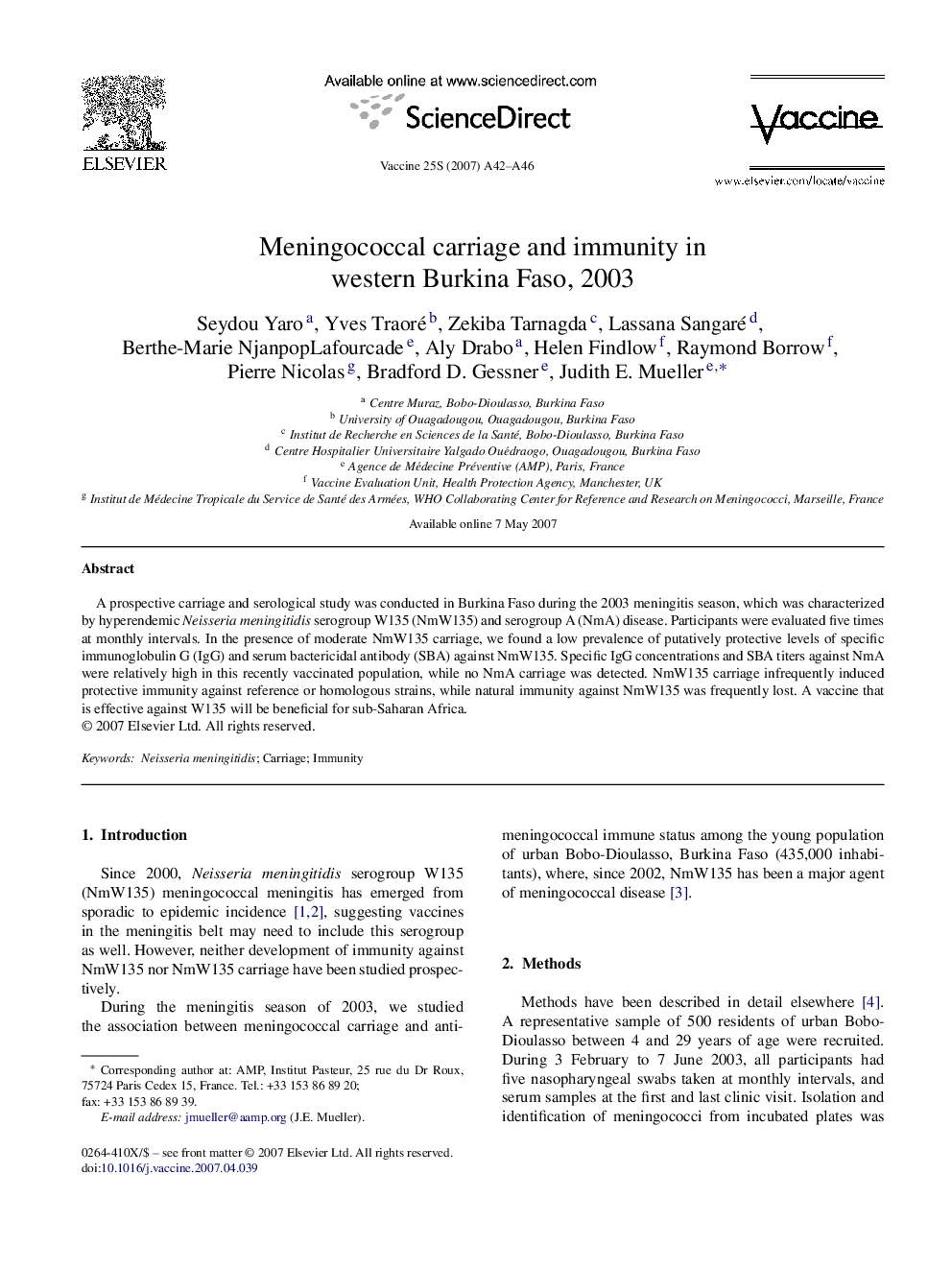 Meningococcal carriage and immunity in western Burkina Faso, 2003