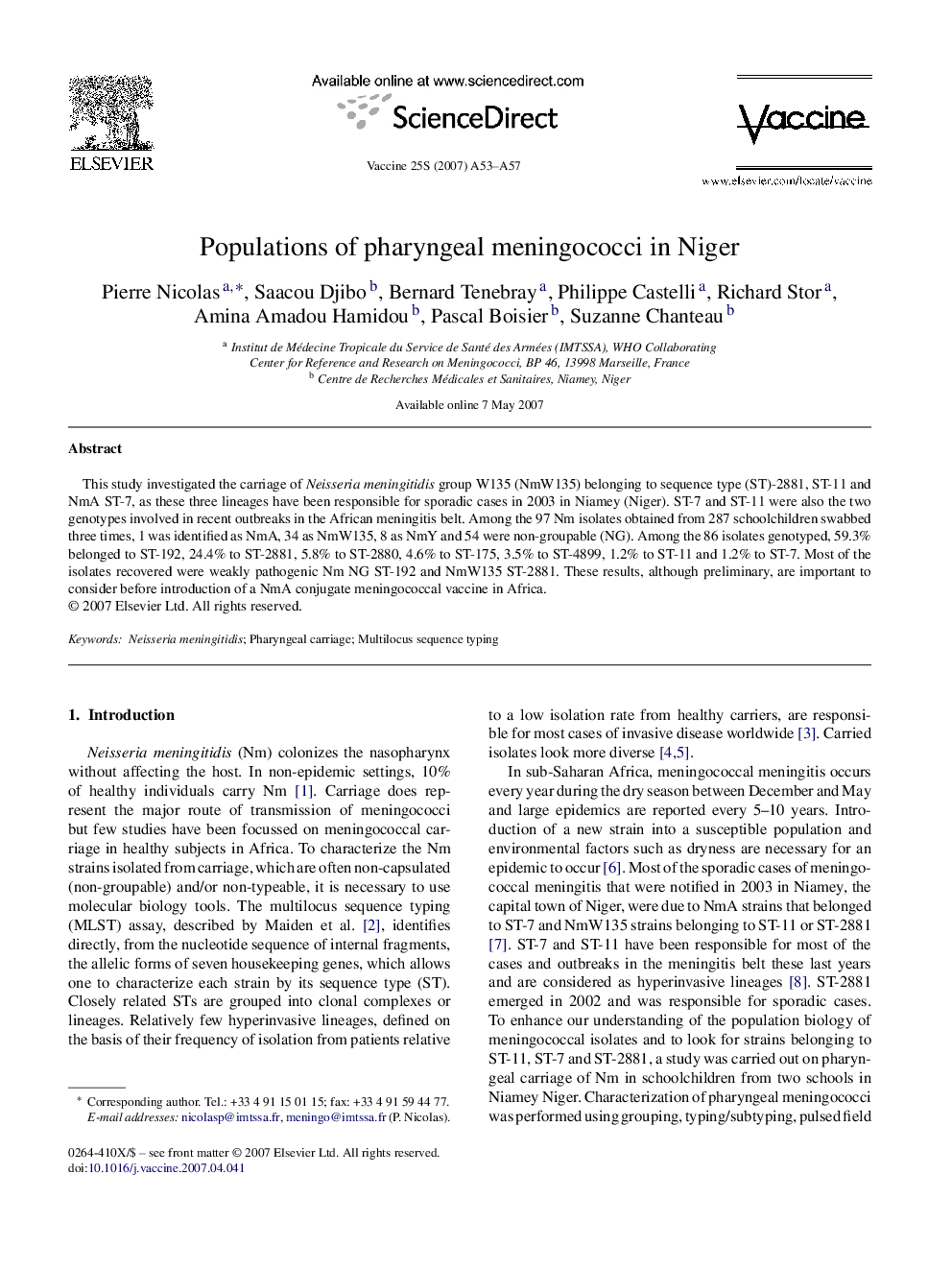 Populations of pharyngeal meningococci in Niger