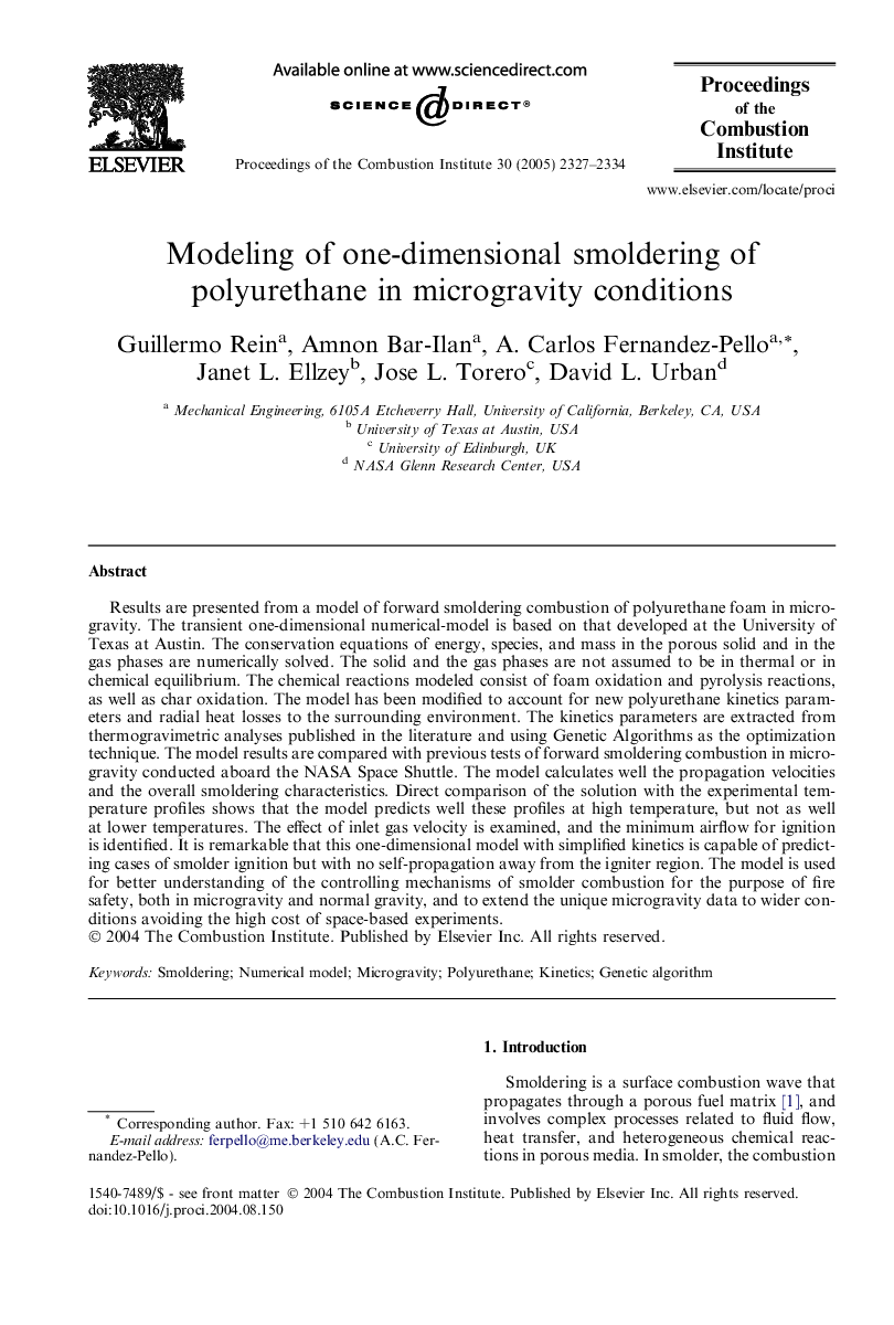 Modeling of one-dimensional smoldering of polyurethane in microgravity conditions