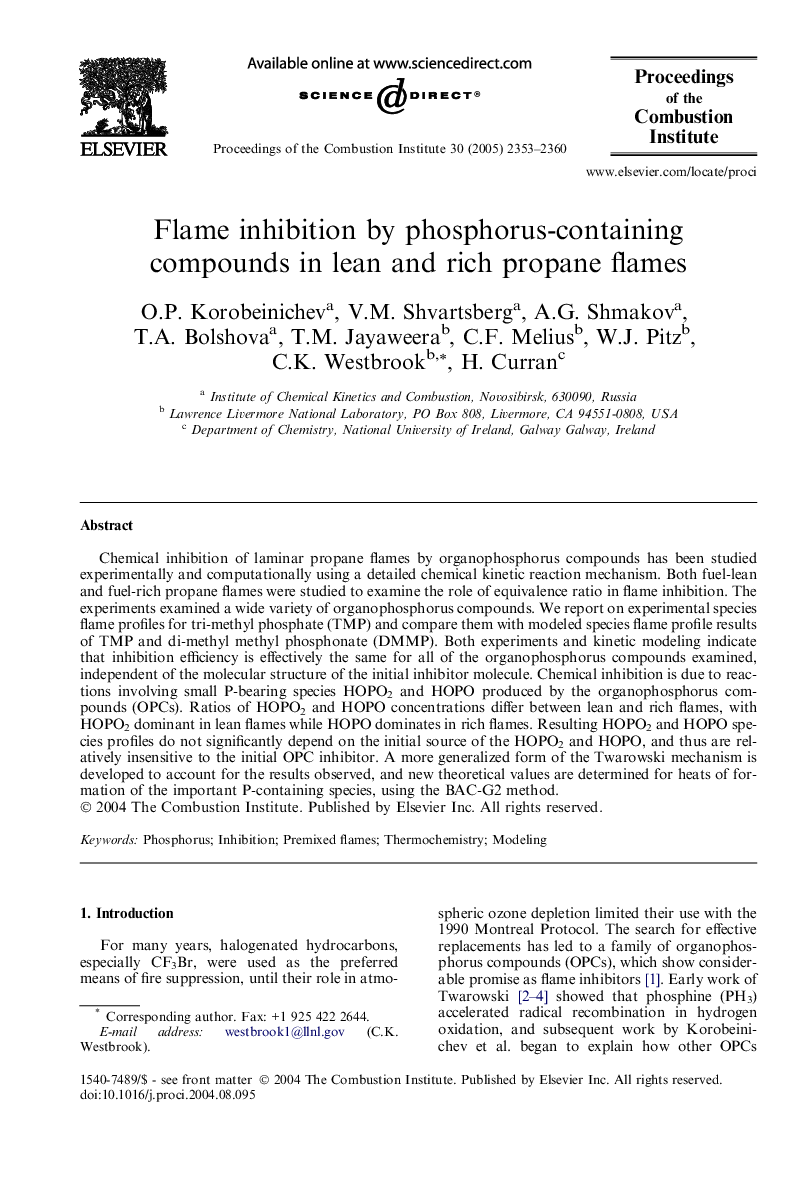 Flame inhibition by phosphorus-containing compounds in lean and rich propane flames