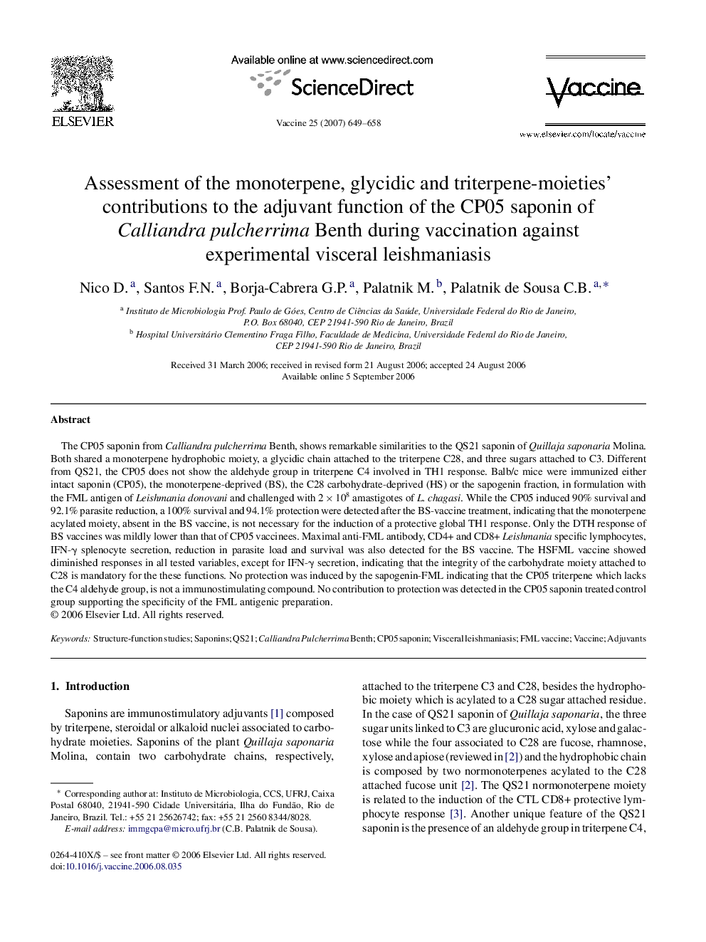 Assessment of the monoterpene, glycidic and triterpene-moieties’ contributions to the adjuvant function of the CP05 saponin of Calliandra pulcherrima Benth during vaccination against experimental visceral leishmaniasis