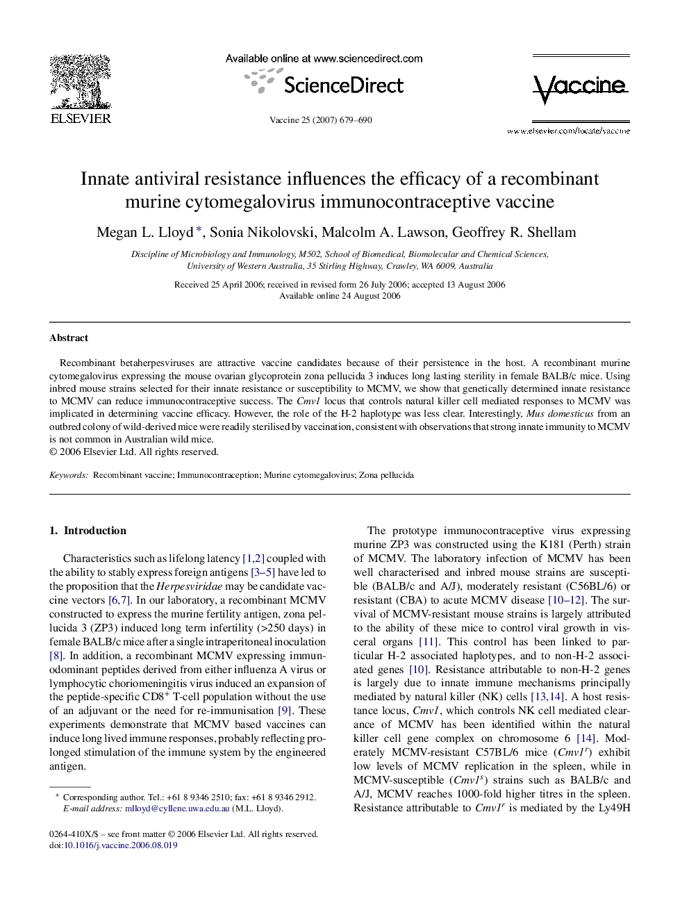 Innate antiviral resistance influences the efficacy of a recombinant murine cytomegalovirus immunocontraceptive vaccine