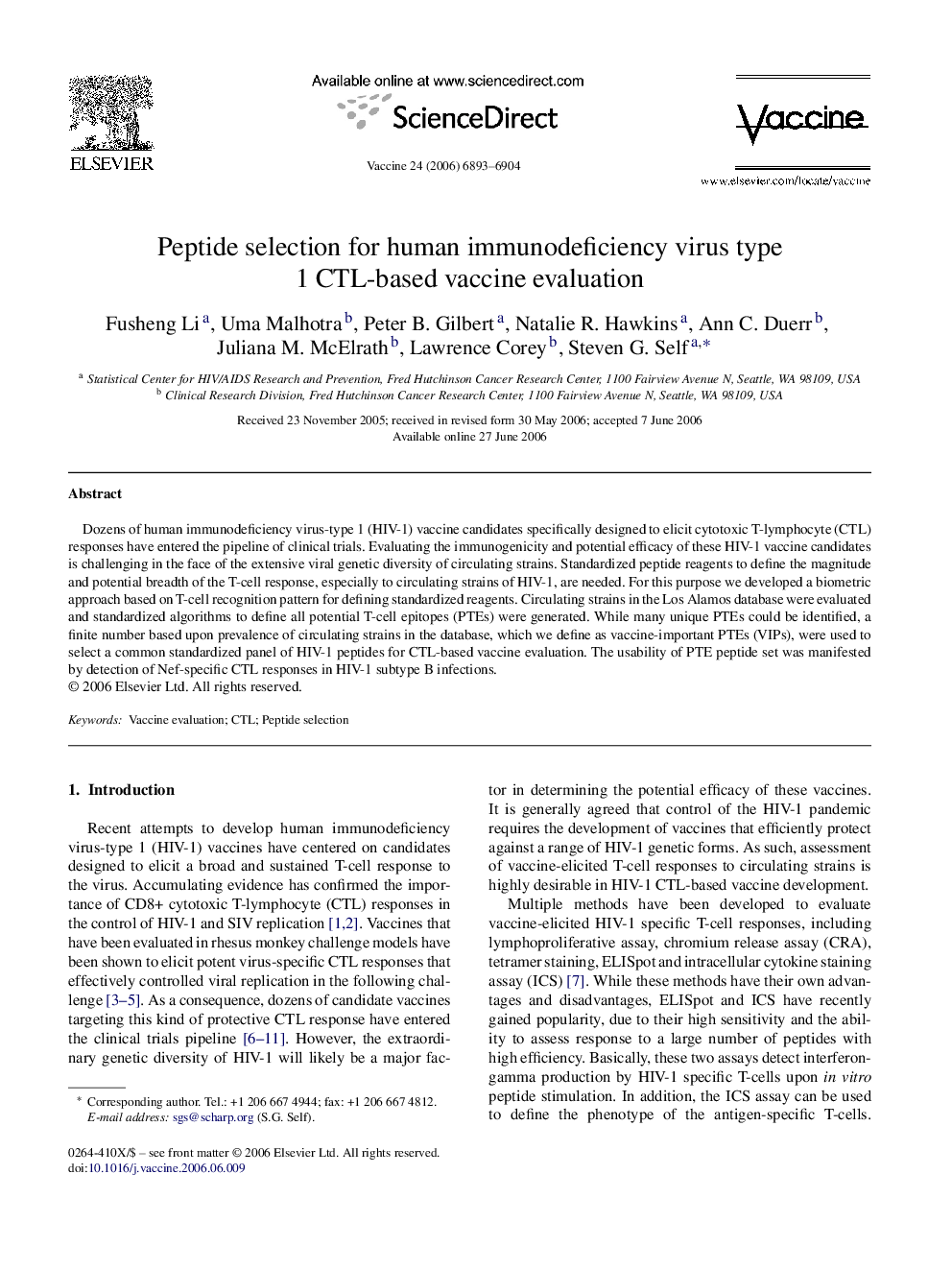 Peptide selection for human immunodeficiency virus type 1 CTL-based vaccine evaluation