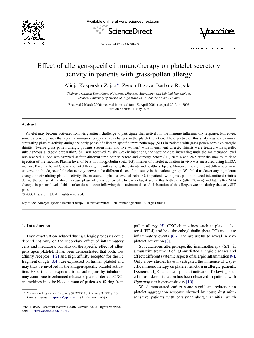 Effect of allergen-specific immunotherapy on platelet secretory activity in patients with grass-pollen allergy