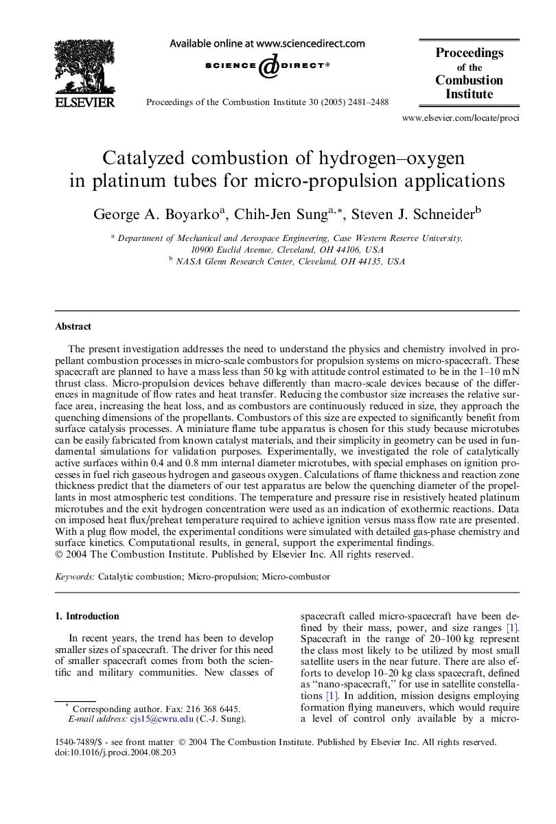 Catalyzed combustion of hydrogen–oxygen in platinum tubes for micro-propulsion applications