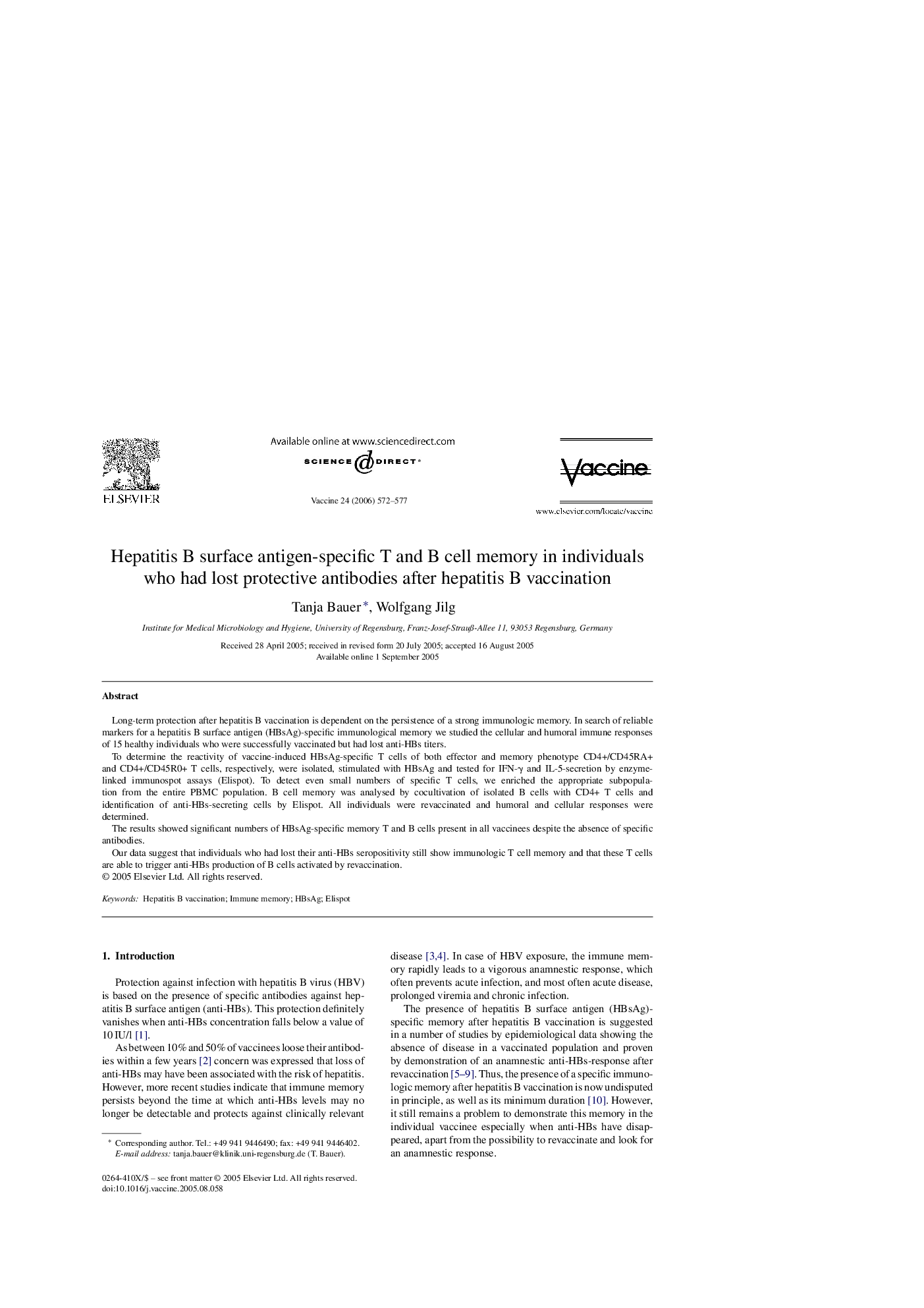 Hepatitis B surface antigen-specific T and B cell memory in individuals who had lost protective antibodies after hepatitis B vaccination