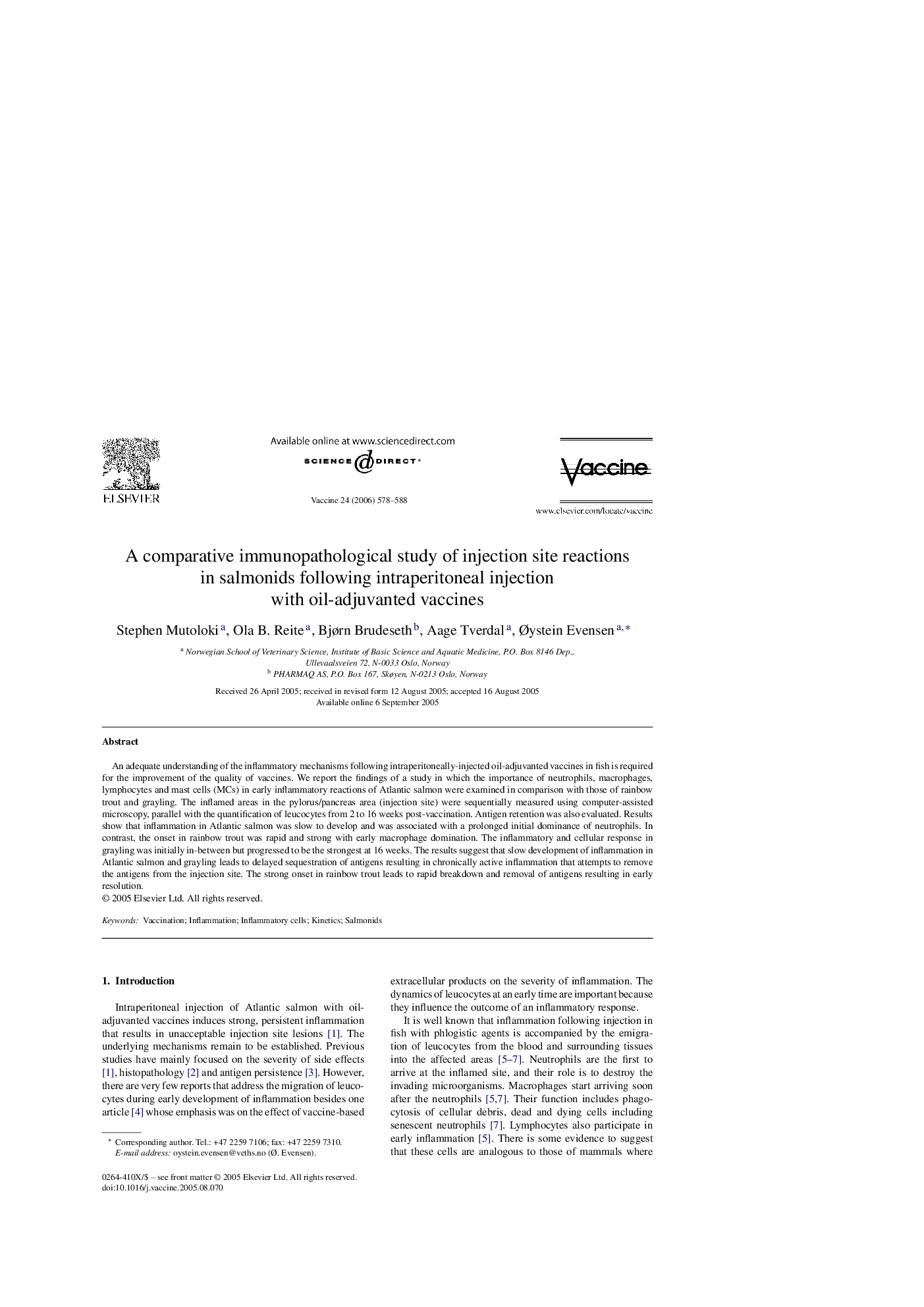 A comparative immunopathological study of injection site reactions in salmonids following intraperitoneal injection with oil-adjuvanted vaccines