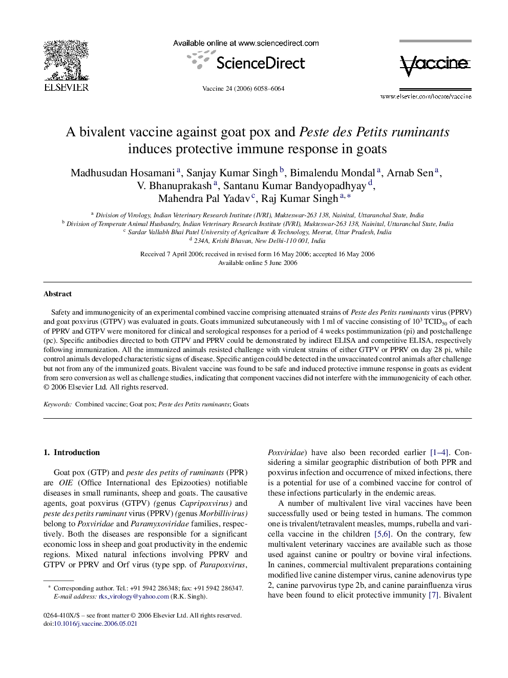 A bivalent vaccine against goat pox and Peste des Petits ruminants induces protective immune response in goats