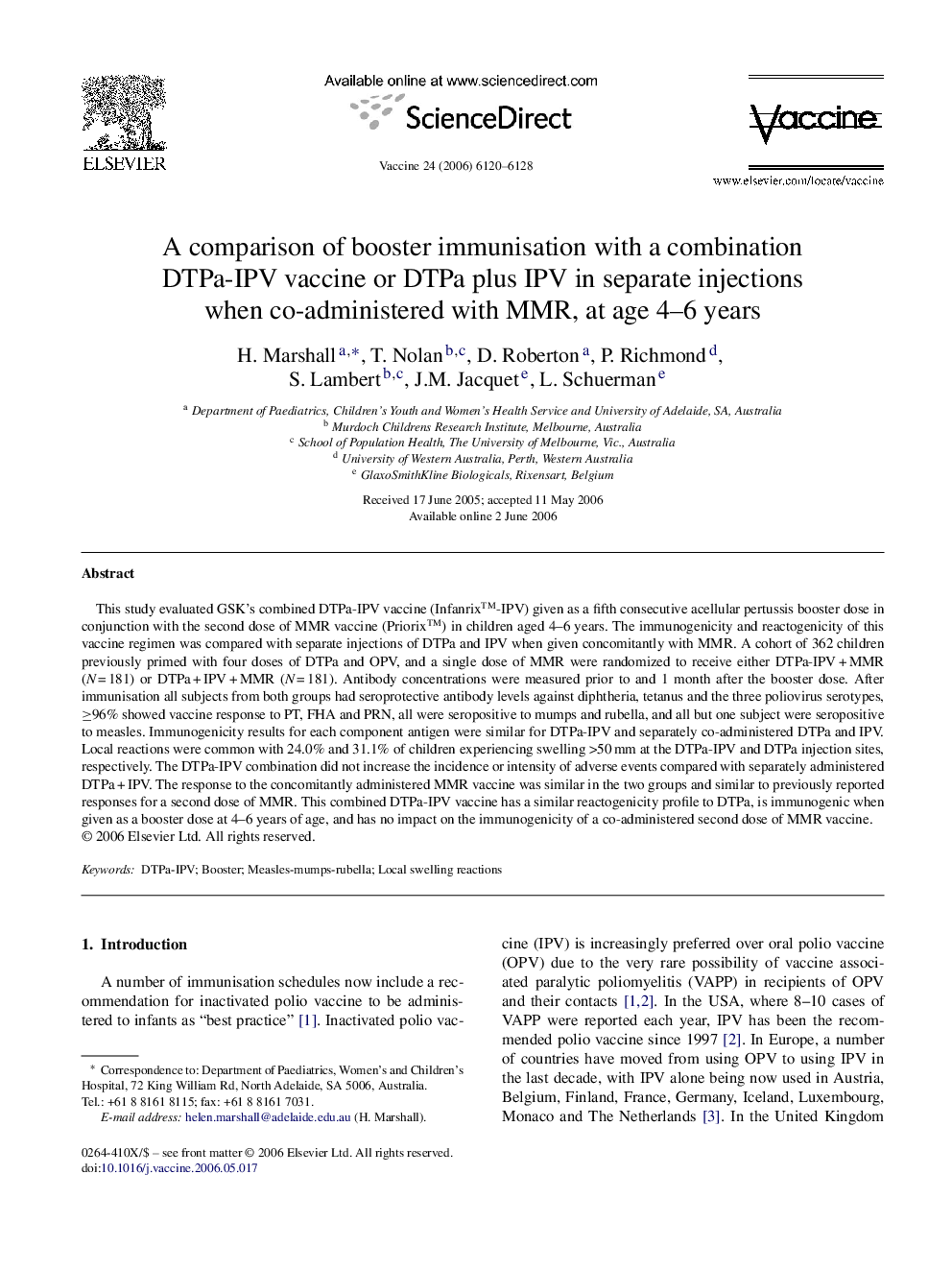 A comparison of booster immunisation with a combination DTPa-IPV vaccine or DTPa plus IPV in separate injections when co-administered with MMR, at age 4–6 years