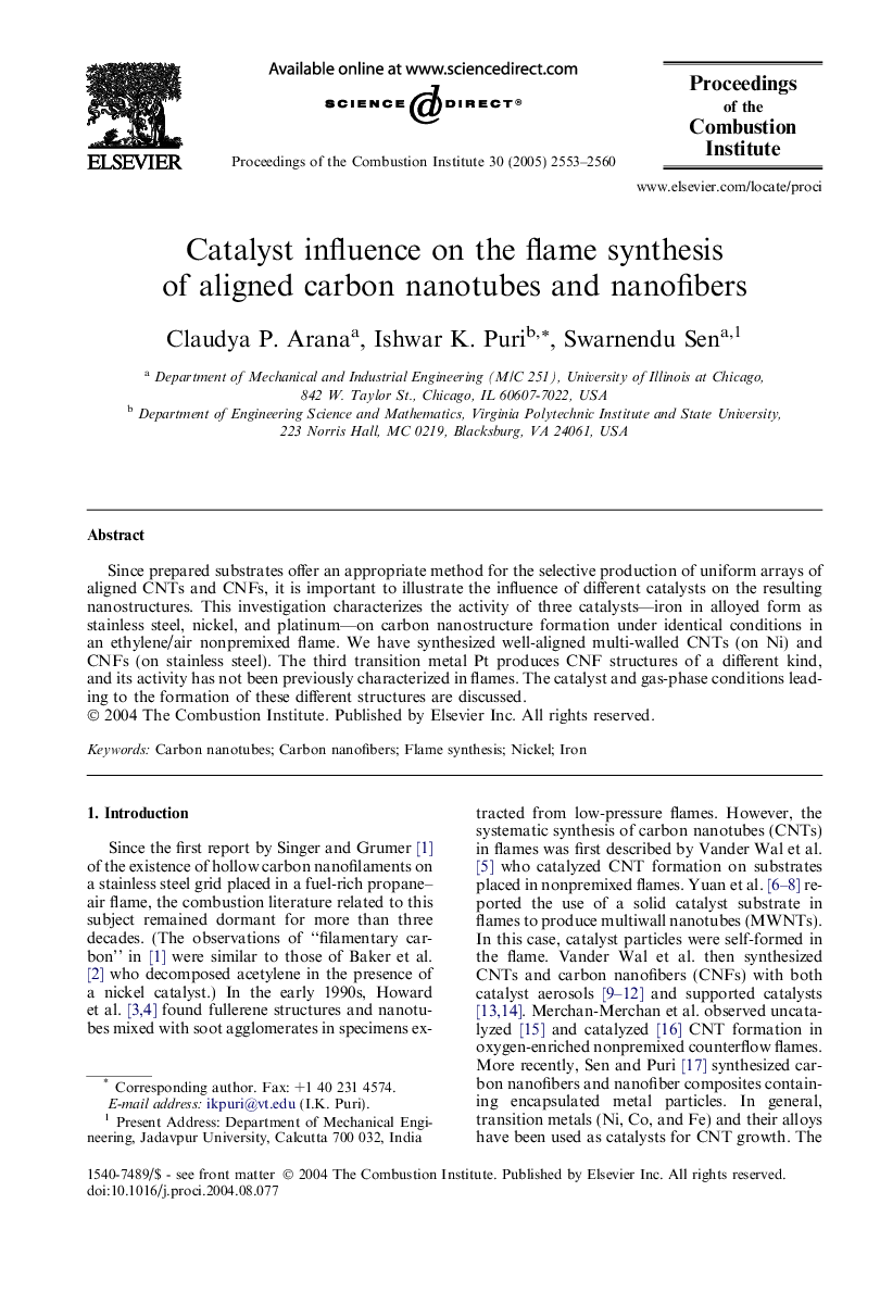 Catalyst influence on the flame synthesis of aligned carbon nanotubes and nanofibers