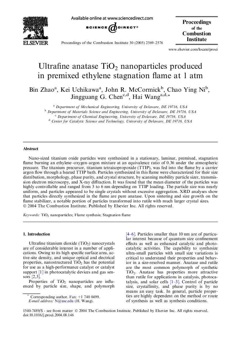 Ultrafine anatase TiO2 nanoparticles produced in premixed ethylene stagnation flame at 1 atm