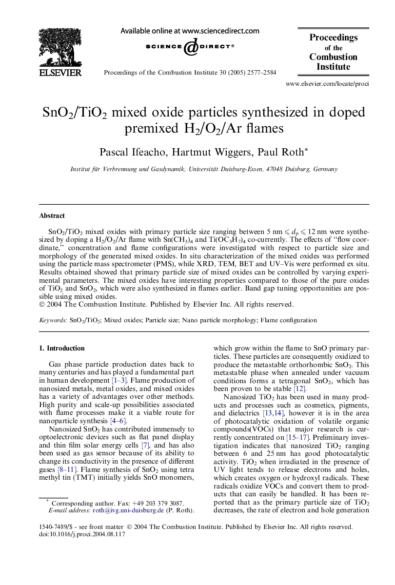 SnO2/TiO2 mixed oxide particles synthesized in doped premixed H2/O2/Ar flames