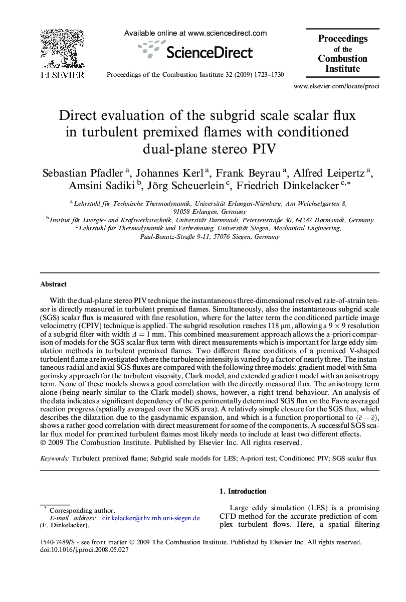 Direct evaluation of the subgrid scale scalar flux in turbulent premixed flames with conditioned dual-plane stereo PIV