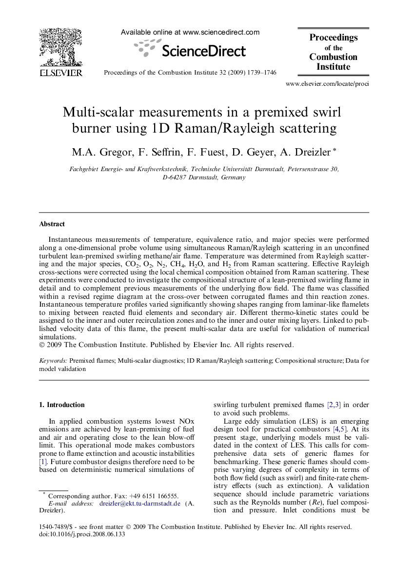 Multi-scalar measurements in a premixed swirl burner using 1D Raman/Rayleigh scattering