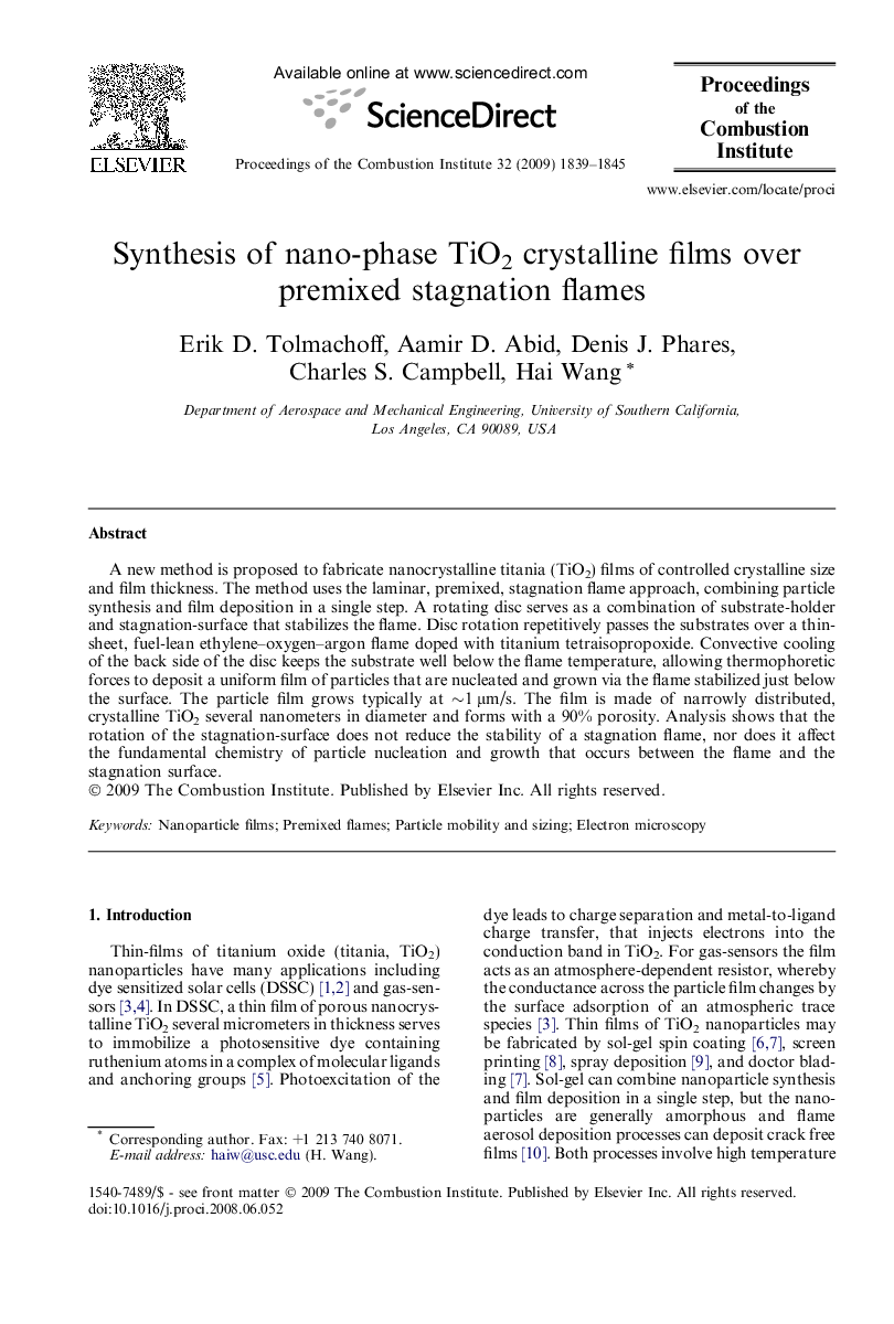 Synthesis of nano-phase TiO2 crystalline films over premixed stagnation flames