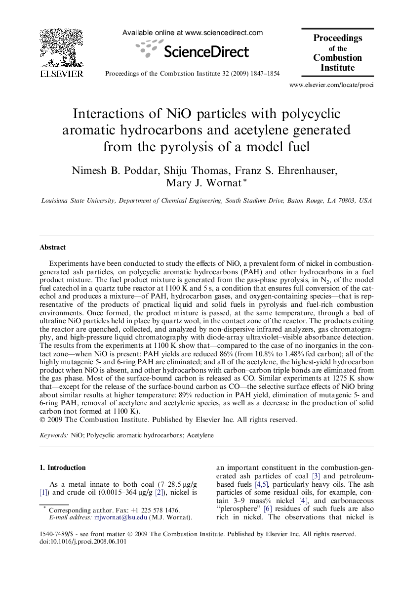 Interactions of NiO particles with polycyclic aromatic hydrocarbons and acetylene generated from the pyrolysis of a model fuel