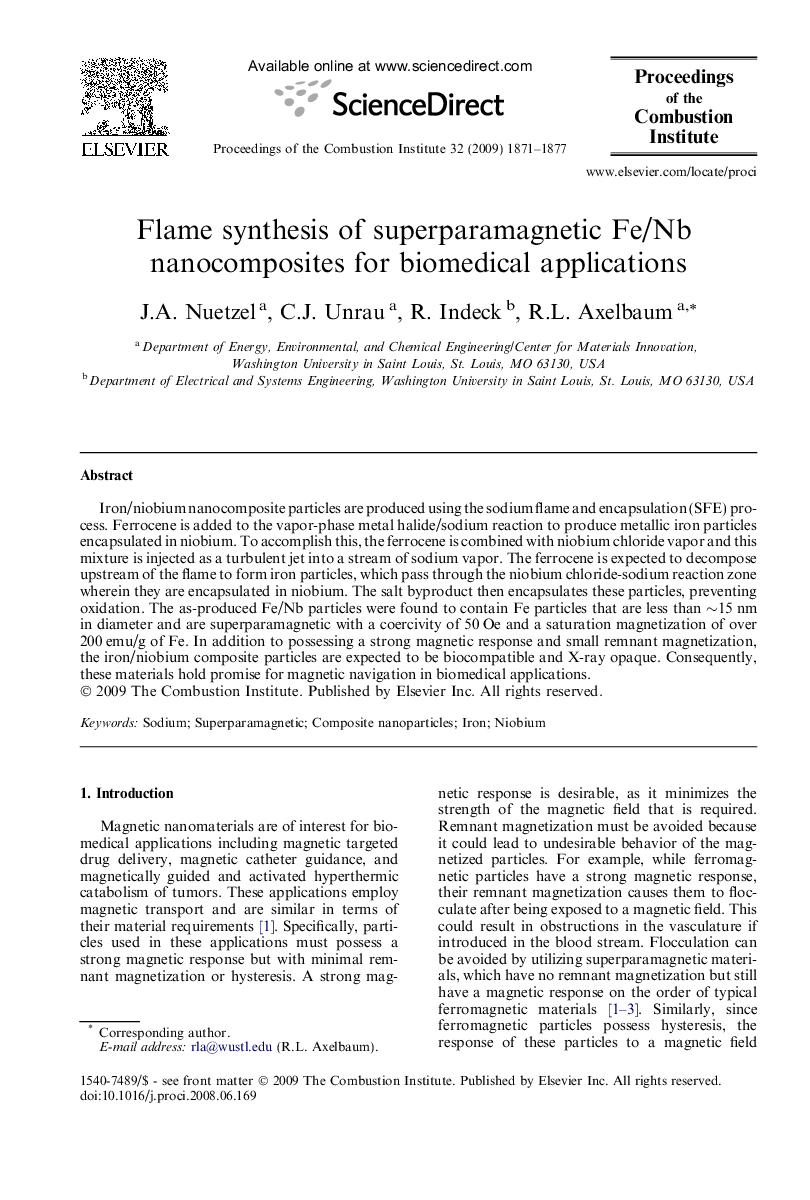 Flame synthesis of superparamagnetic Fe/Nb nanocomposites for biomedical applications