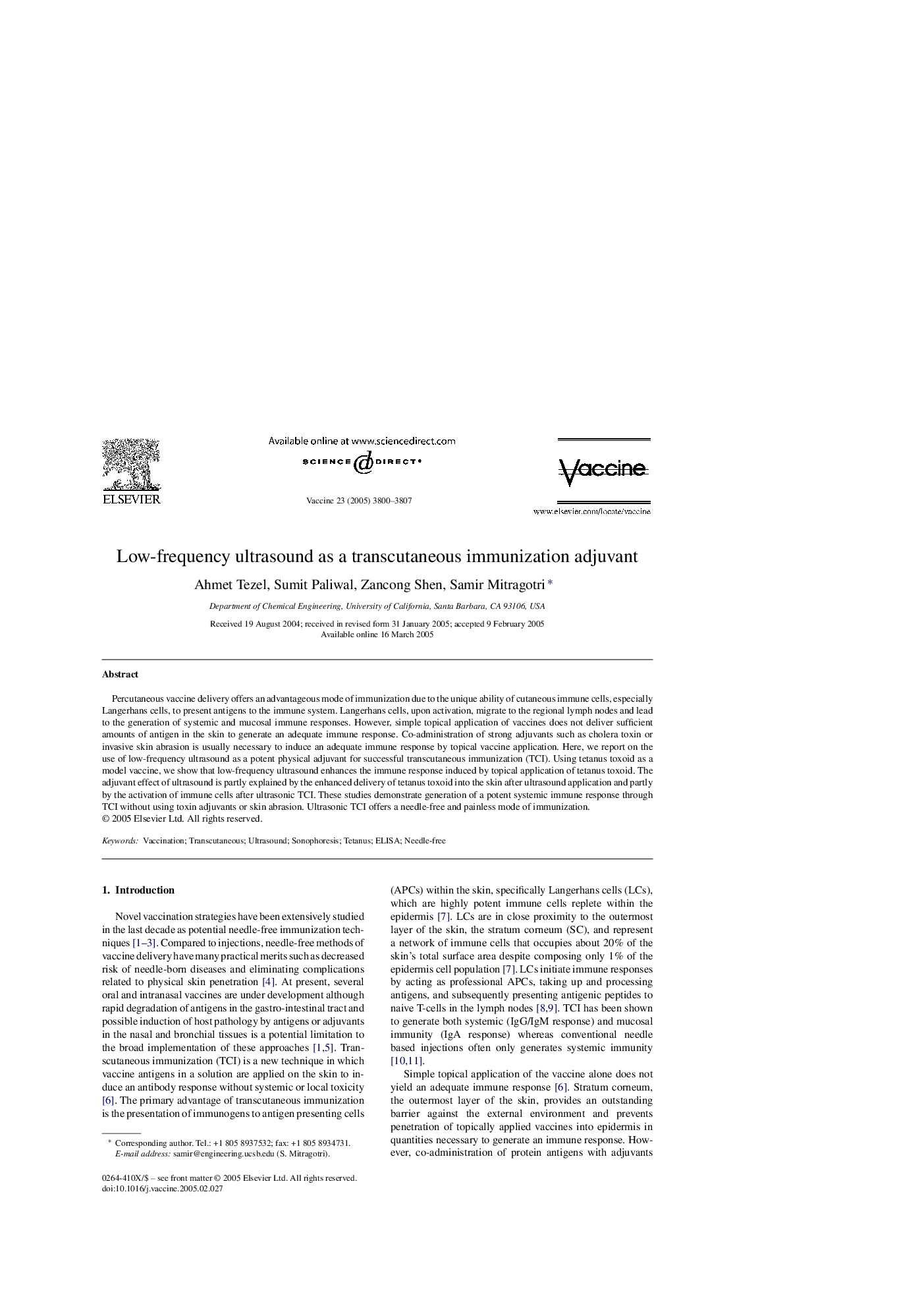 Low-frequency ultrasound as a transcutaneous immunization adjuvant