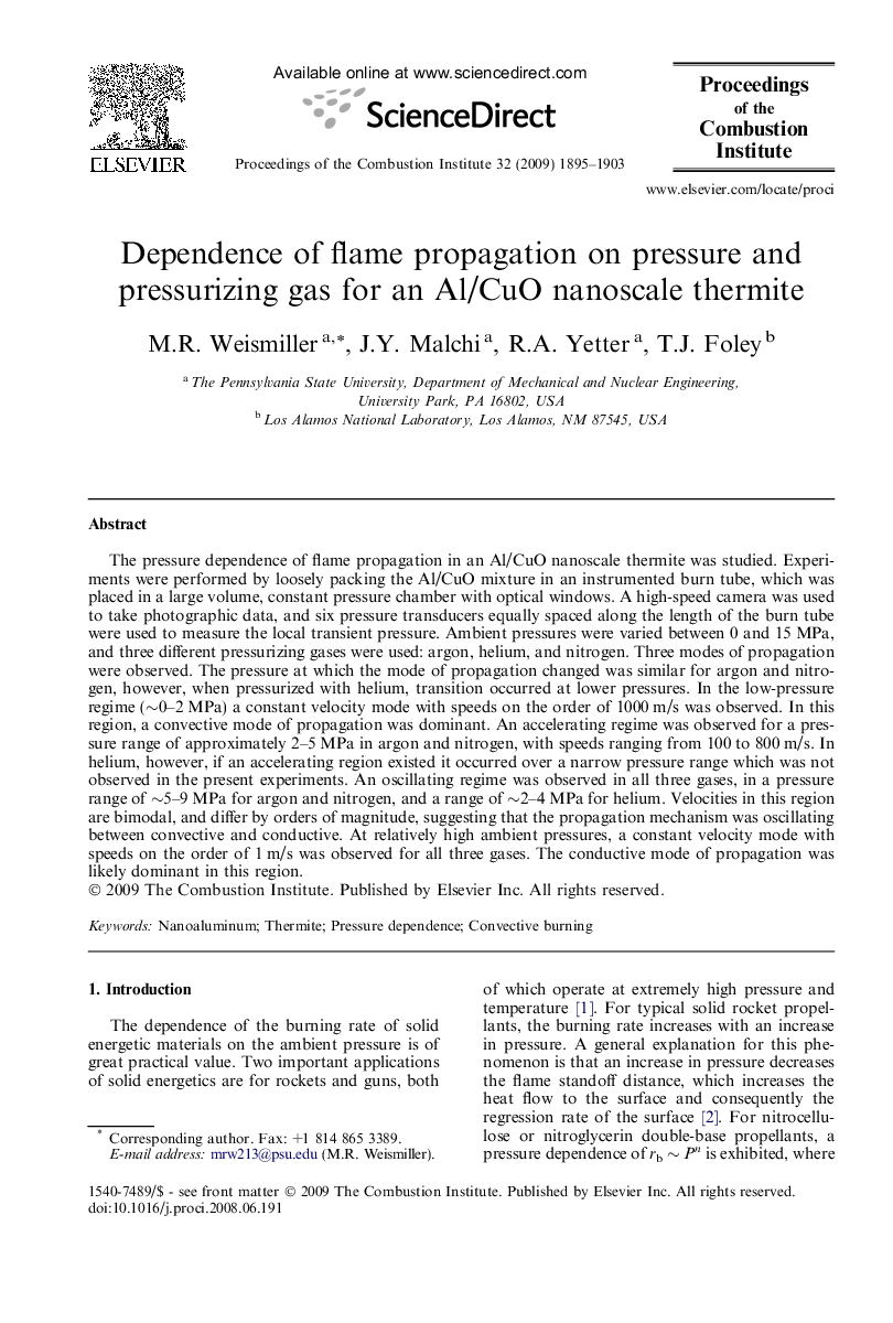 Dependence of flame propagation on pressure and pressurizing gas for an Al/CuO nanoscale thermite