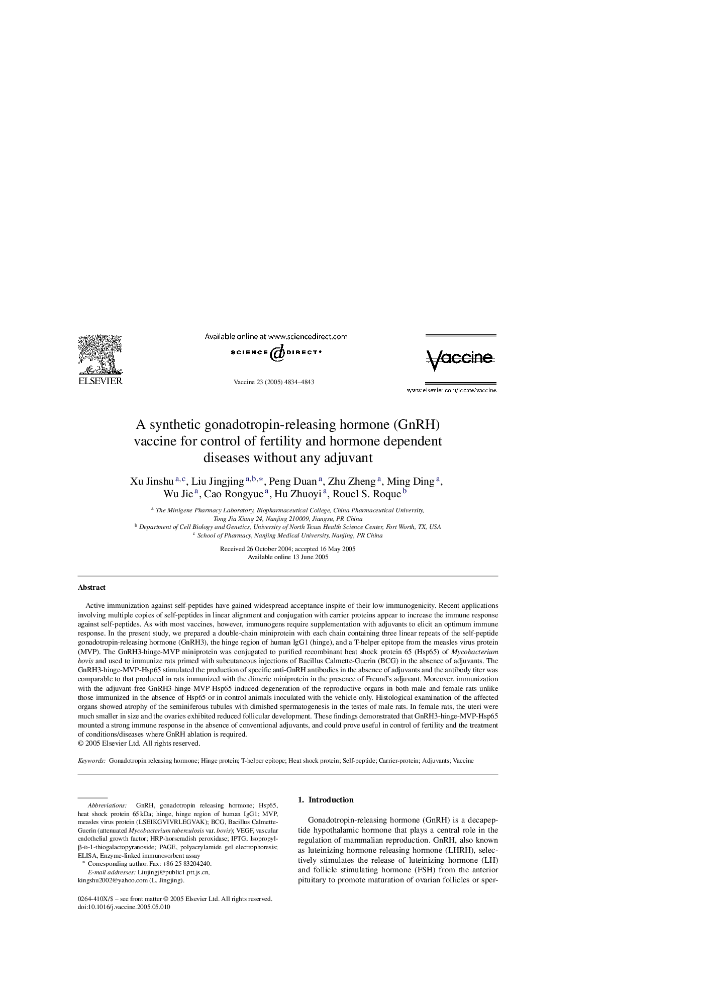 A synthetic gonadotropin-releasing hormone (GnRH) vaccine for control of fertility and hormone dependent diseases without any adjuvant