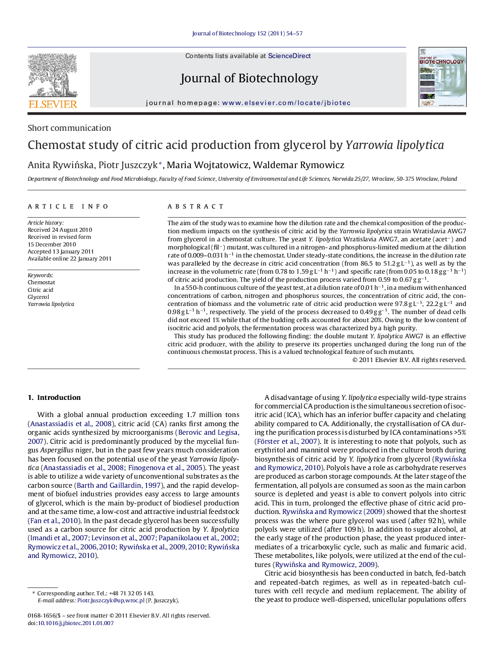 Chemostat study of citric acid production from glycerol by Yarrowia lipolytica