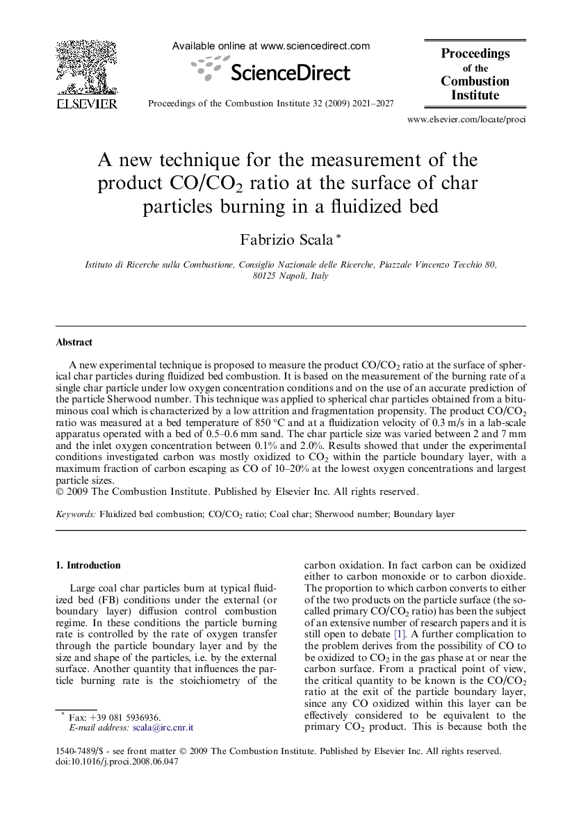 A new technique for the measurement of the product CO/CO2 ratio at the surface of char particles burning in a fluidized bed
