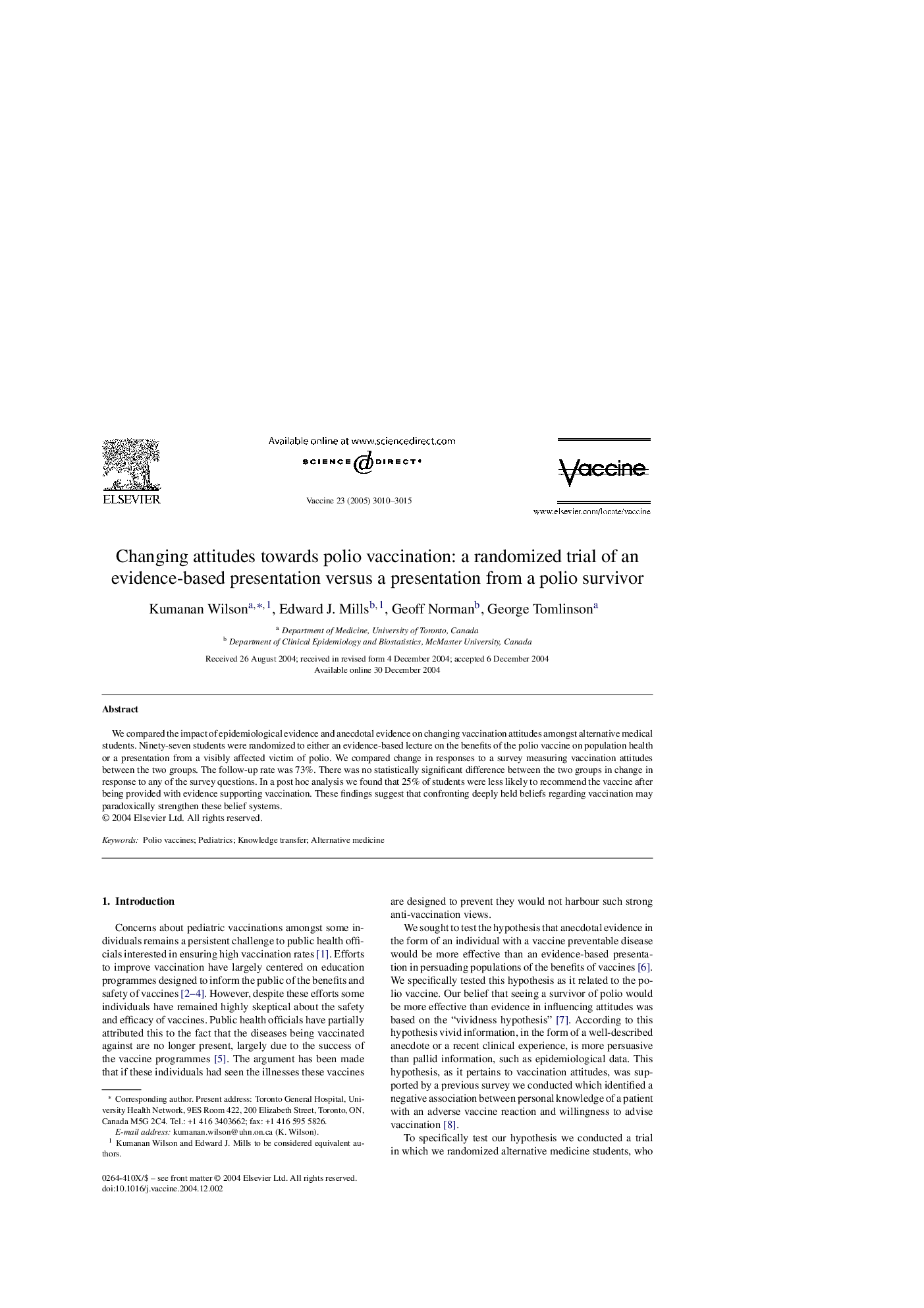 Changing attitudes towards polio vaccination: a randomized trial of an evidence-based presentation versus a presentation from a polio survivor