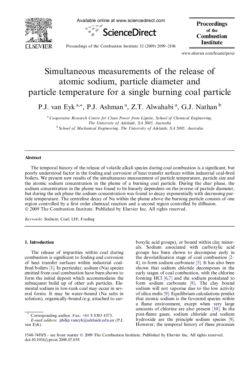 Simultaneous measurements of the release of atomic sodium, particle diameter and particle temperature for a single burning coal particle