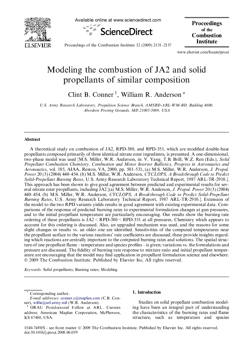 Modeling the combustion of JA2 and solid propellants of similar composition