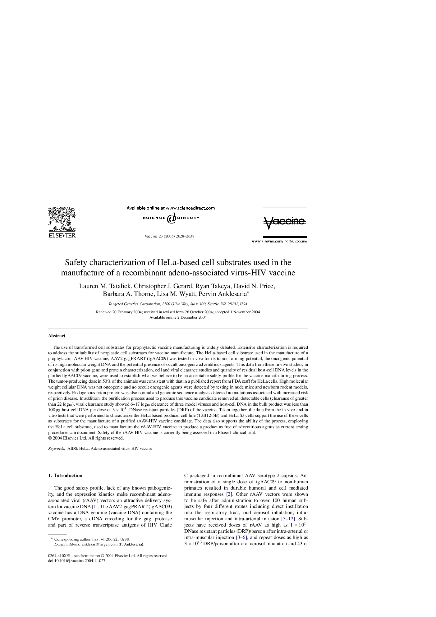 Safety characterization of HeLa-based cell substrates used in the manufacture of a recombinant adeno-associated virus-HIV vaccine