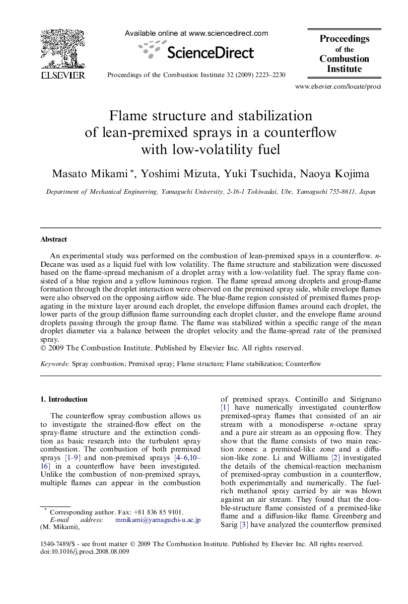 Flame structure and stabilization of lean-premixed sprays in a counterflow with low-volatility fuel