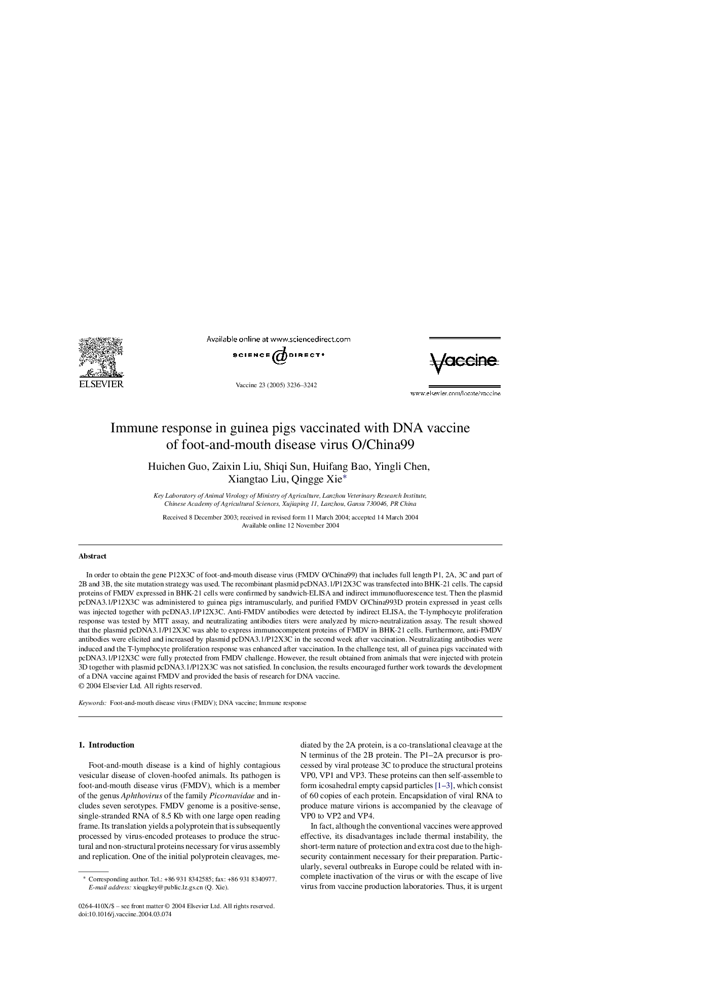 Immune response in guinea pigs vaccinated with DNA vaccine of foot-and-mouth disease virus O/China99