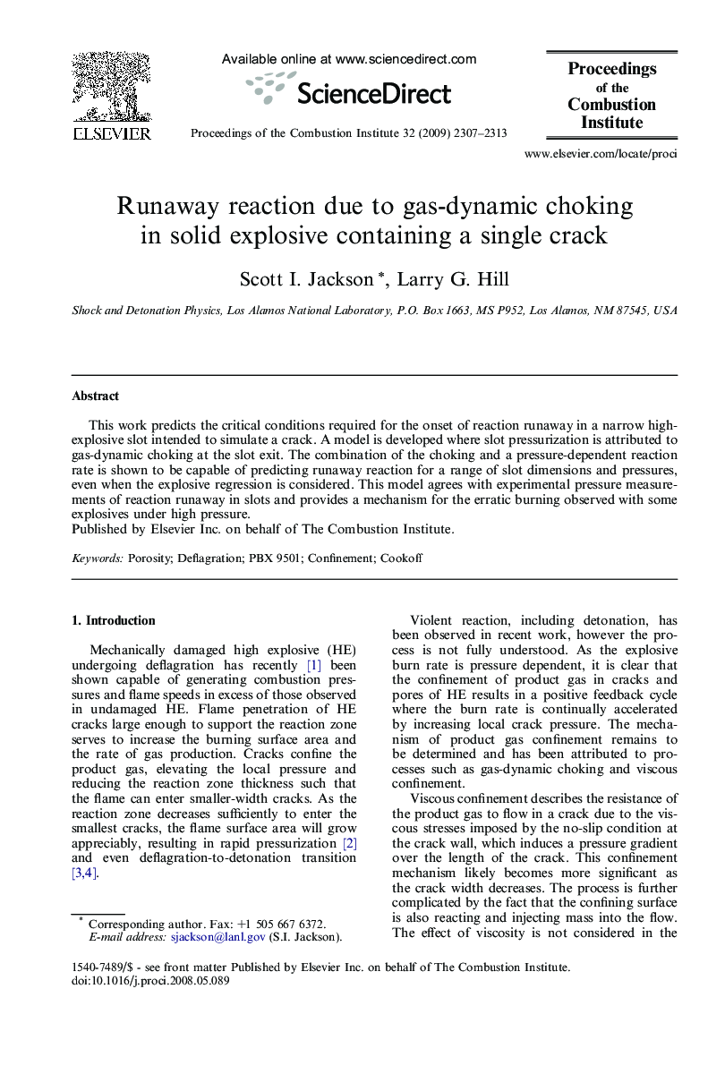 Runaway reaction due to gas-dynamic choking in solid explosive containing a single crack